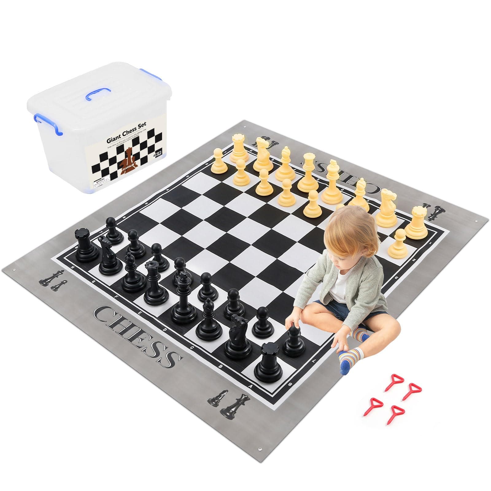 Giant Outdoor Chess Set Oversized Plastic Chess Pieces with Bases Lightweight 71" Chess Mat Floor Games for Kids and Adults - 9.8 Inches Tall King & Storage Bins with Lids