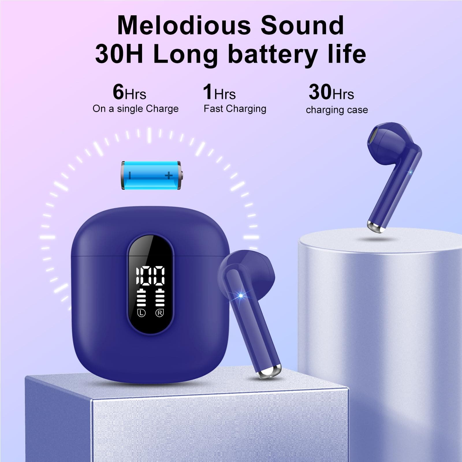 Wireless Earbuds, 2025 Bluetooth 5.3 Headphones, Stereo Earphones with ENC Mic, Wireless Earphones in ear earbuds with Dual LED Display, 30H Playtime, Gym Headphones IP7 Waterproof, Dark Blue