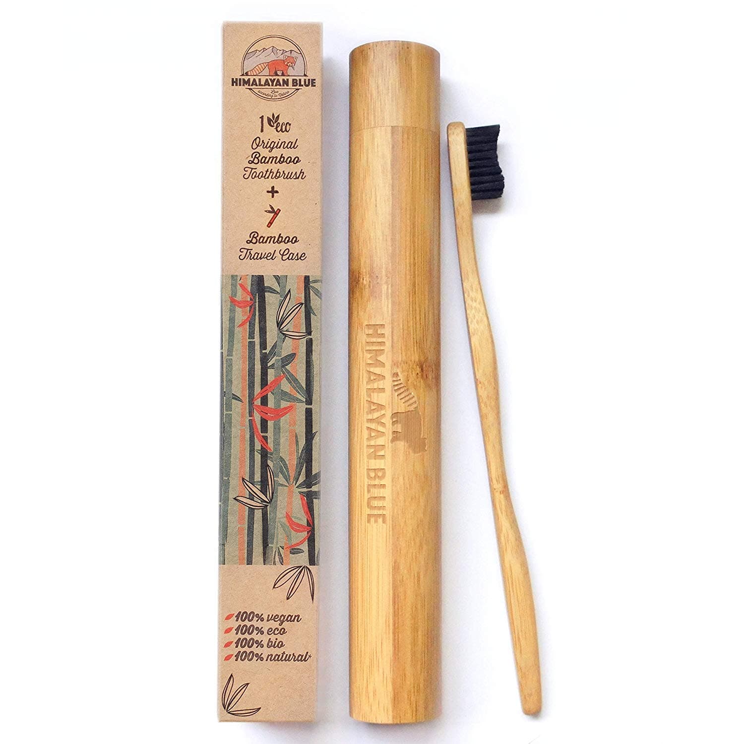 Himalayan Blue Natural Antimicrobial Bamboo Charcoal Travel Set - Biodegradable Holder Case - Organic Natural Teeth Whitening Soft but Firm Bristles for Sensitive Gum Health