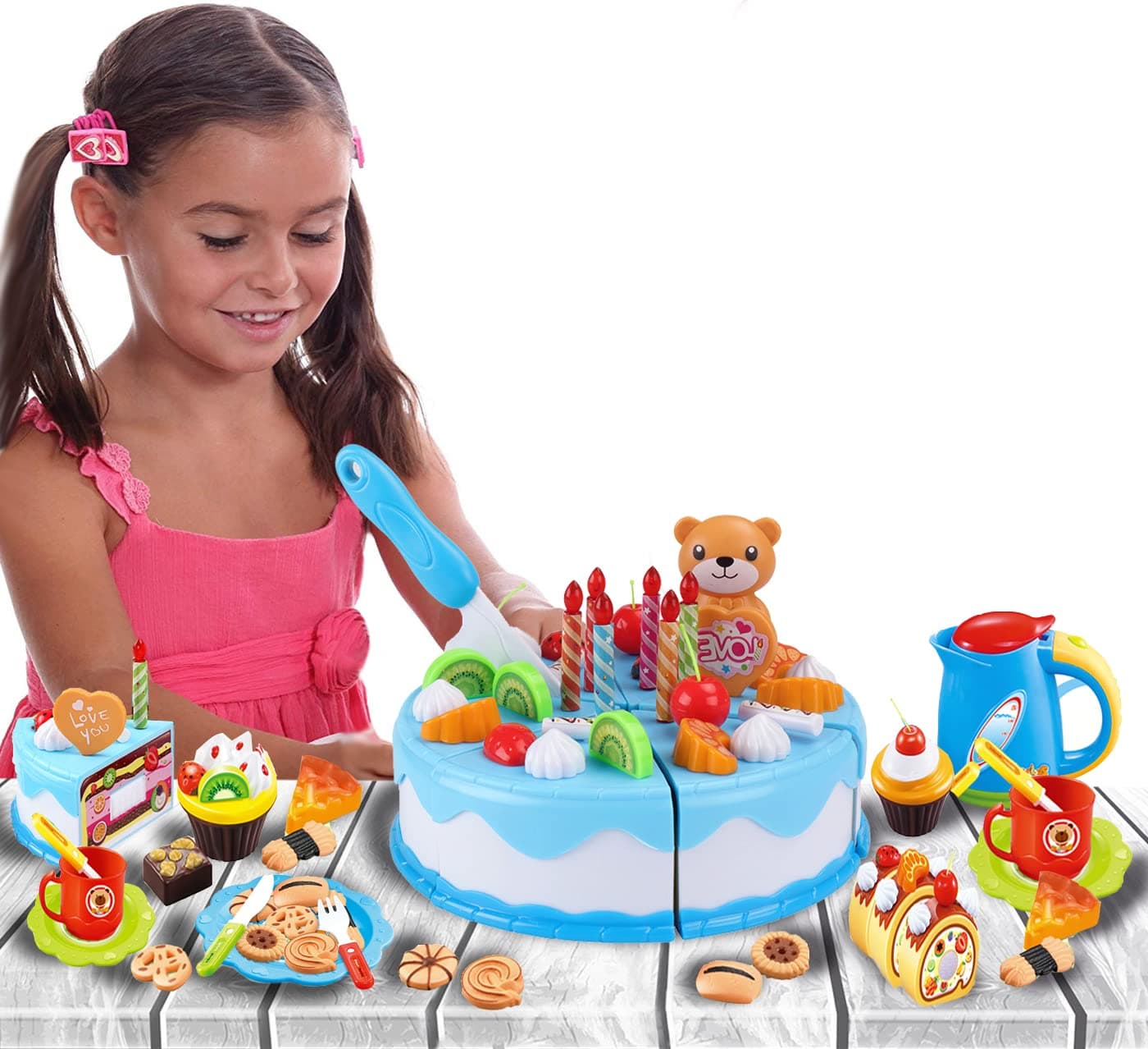Coo11 75 PCs Kids Cake Cutting & Decorating Birthday Party Playset, Role Play Tea Shop with Kettle, Creative Fun Food Accessories Cupcake Donuts, Kitchen Pretend Play Toy for Toddlers Ages 3+