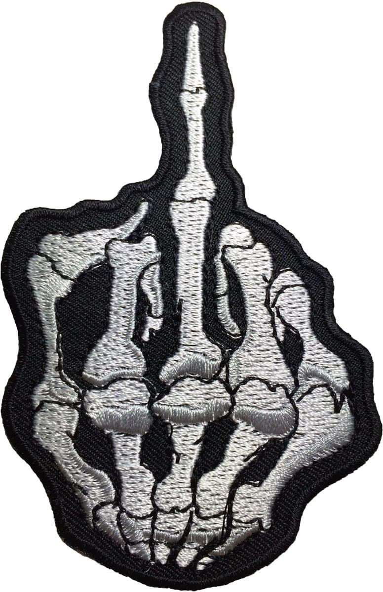 Middle Finger Skeleton Bone Rock Punk Sewing Iron on Embroidered Patch (Iron-MID-FING-WH)