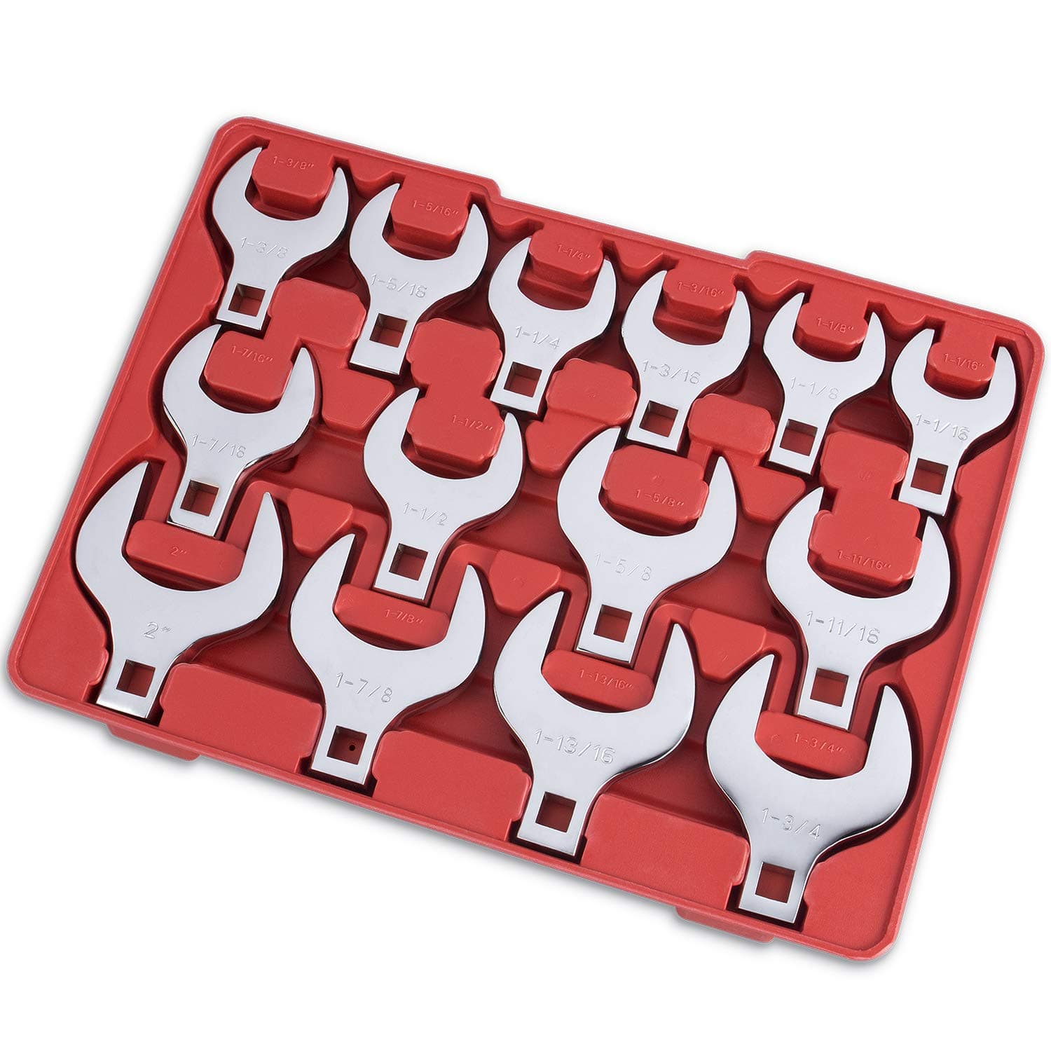 14-Piece Premium 1/2" Drive Jumbo Crowfoot Wrench Set, Chrome Vanadium Steel, Includes Standard SAE Sizes from 1-1/16" to 2" with Storage Tray
