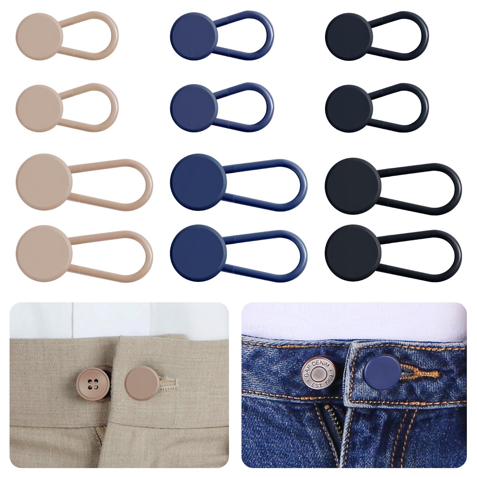 Ceryvop 12PCS Button Extenders for Jeans, Pants Waist Button Extender for Women Men, 3 Colors Pant Waistband Expander, Pants Waist Extension 1-1.4 Inches