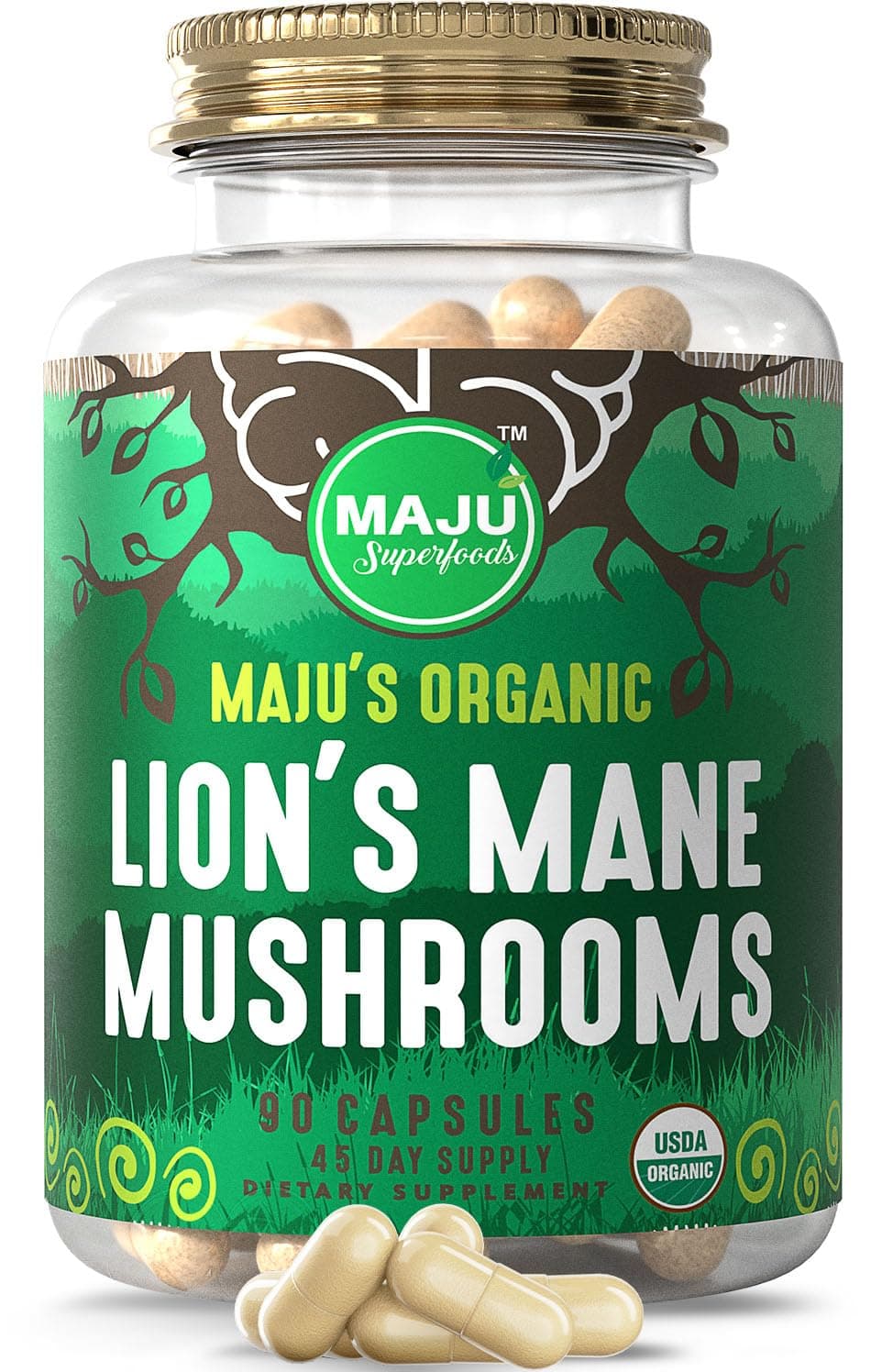 Maju Superfoods Organic Lions Mane Mushroom Capsules 90ct, Fruiting Bodies Steam Extract, Organic Mushrooms w/Black Pepper Extract, Hericium Erinaceus