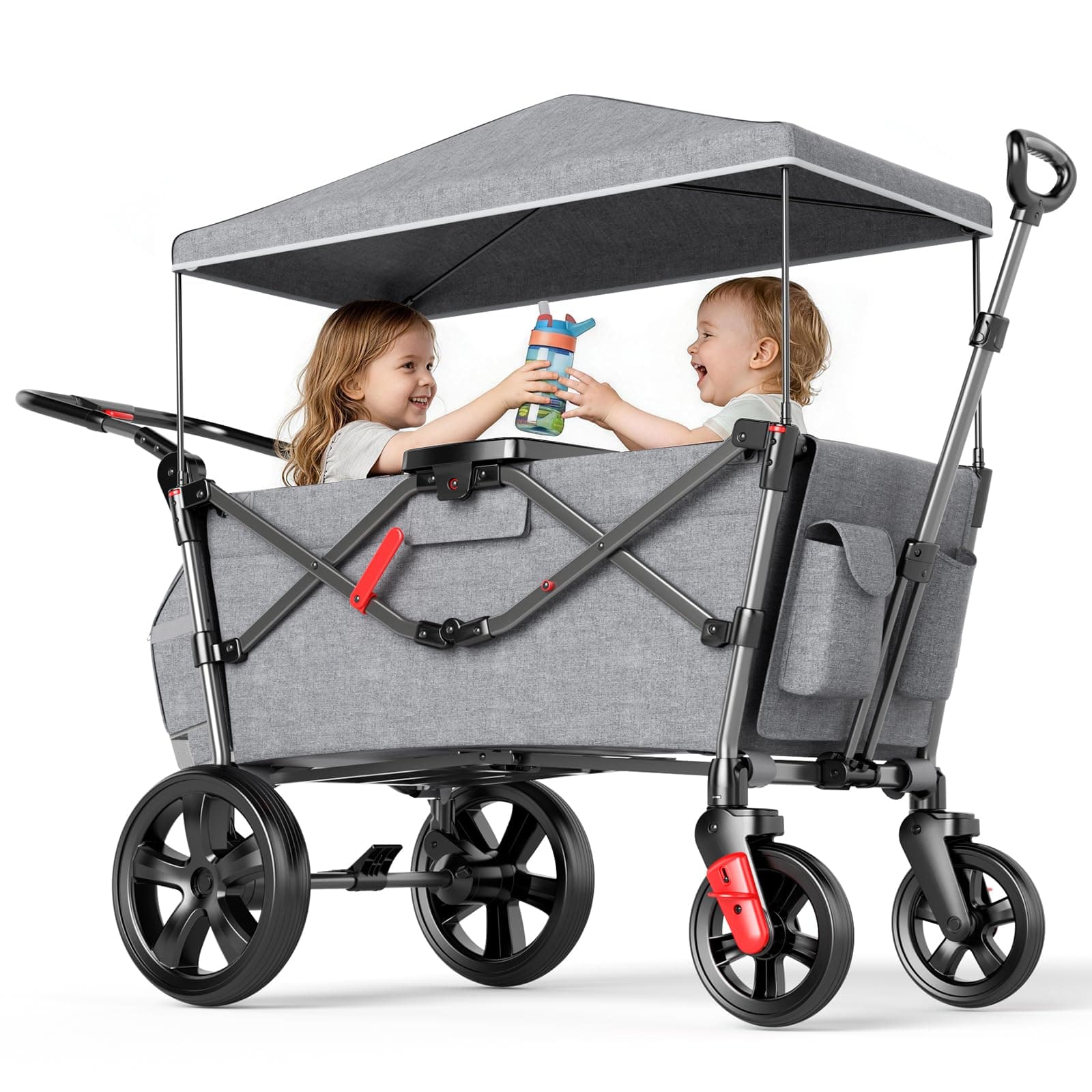 EVER ADVANCED Wagon for Kids to Sit in, Stroller Wagon for 2 Kids with Removable Canopy, Pull Along with Seats 5-Point Harnesses, Portable Push Pull Cart with Adjustable Handle Bar