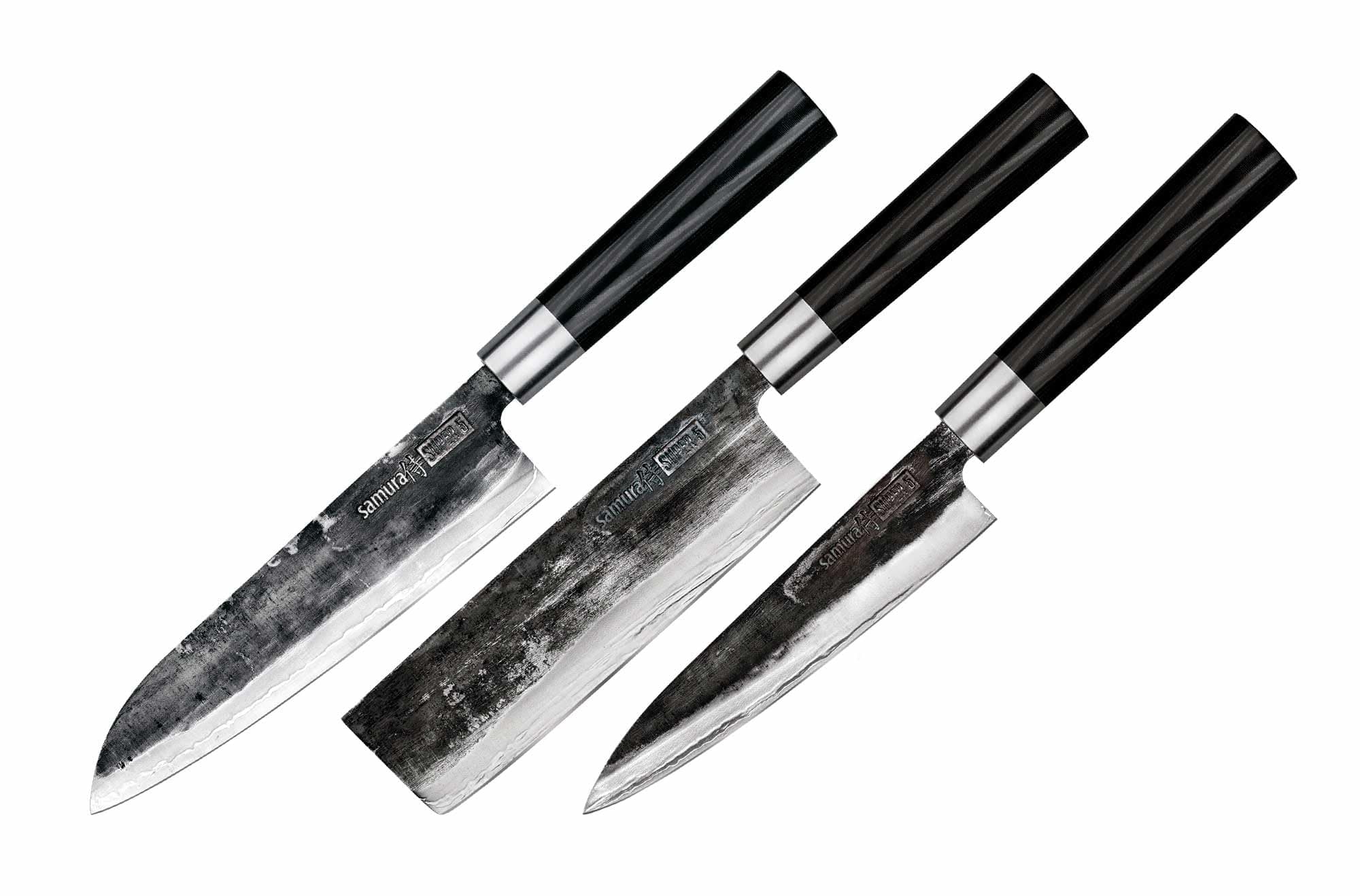 Samura Super 5 Damascus Professional Japanese Kitchen Knife Set of 3: Nakiri, Utility, Santoku. Micarta. Hardness 60 HRC