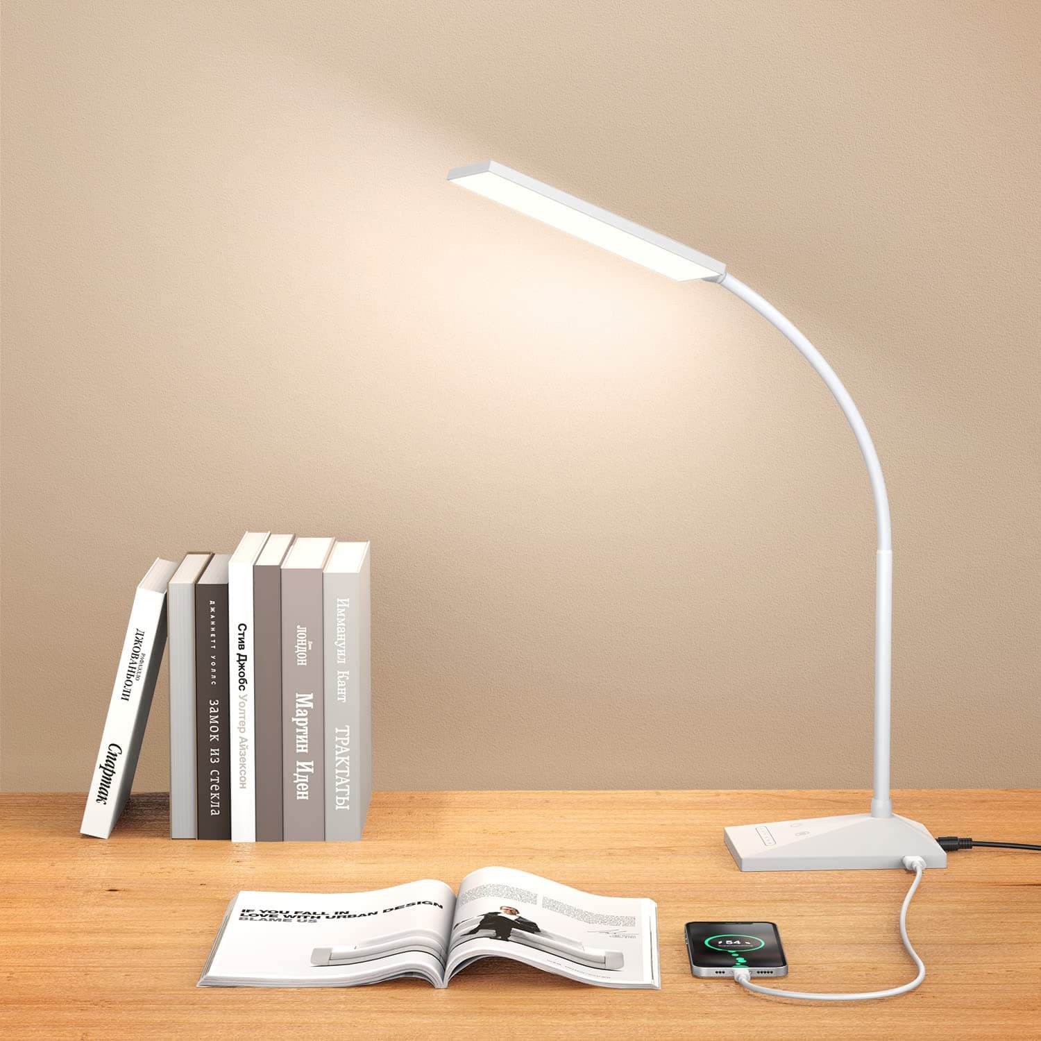 Vansuny LED Desk Lamp with USB Charging Port, Eye-Caring, 5 Color Modes,6 Brightness Levels, Touch Control, Adjustable Neck, Memory Function for Dorm Office Work Bedroom (12W,White)