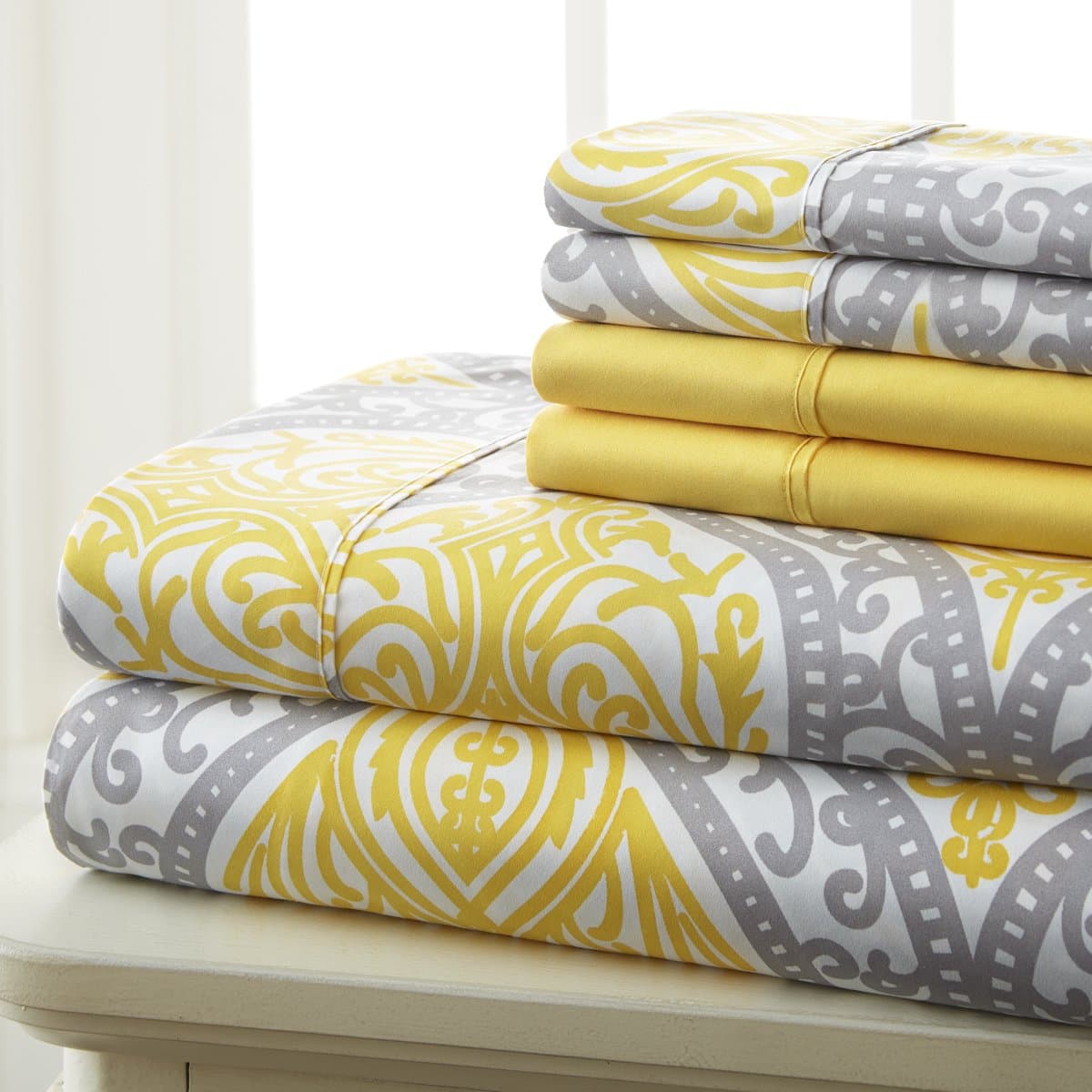 Spirit Linen home SL EST. 1988 - Twin Sheets, Super Soft Prestige Microfiber Bedding Set, Lightweight Home Decor & Ideal for All Seasons, Twin, Grey/Yellow Medallion