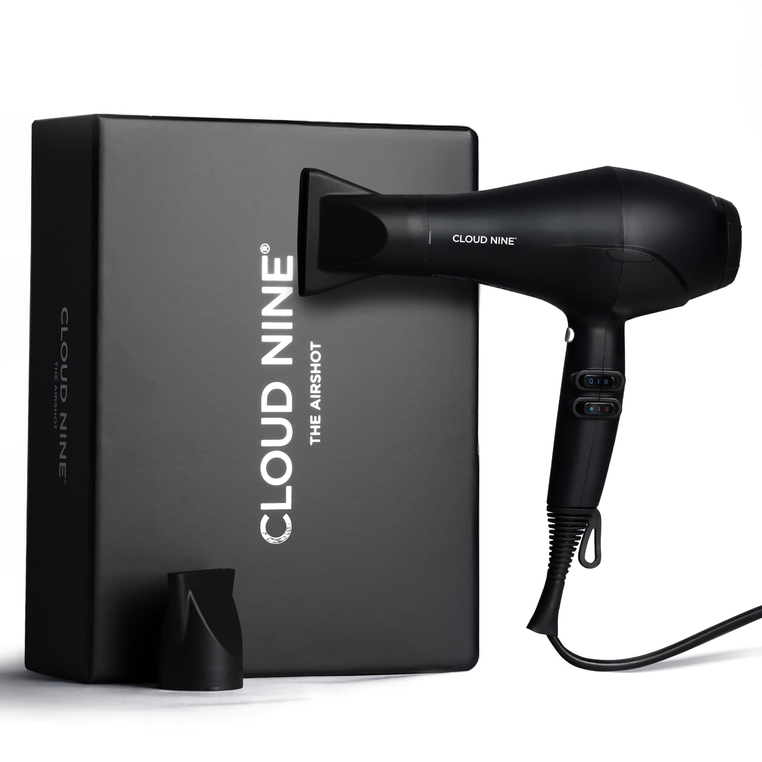 The Airshot Hair Dryer | Fast Compact 2000w All Hair Types | Variable Temperature Control Low Mid High | Two Nozzles Included | Anti Static Technology Super Compact Powerful (Black)