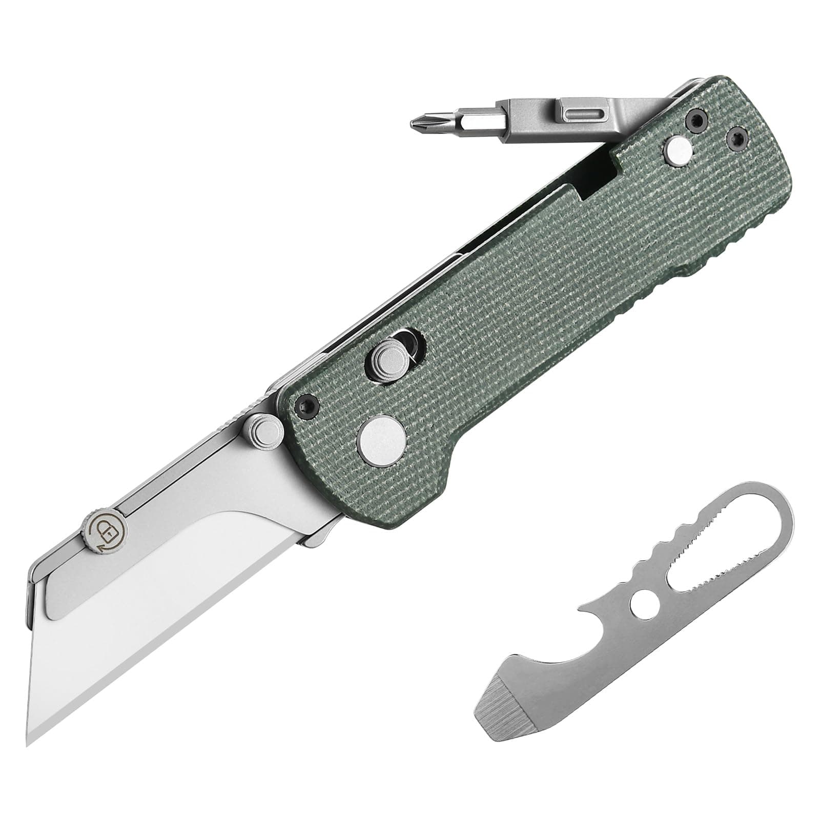 U1 Pro Multitool Folding Utility Knife with Folding Screwdriver, Quick Change Blade, Rail Lock & Pocket Clip for Men Women (Green Micarta)