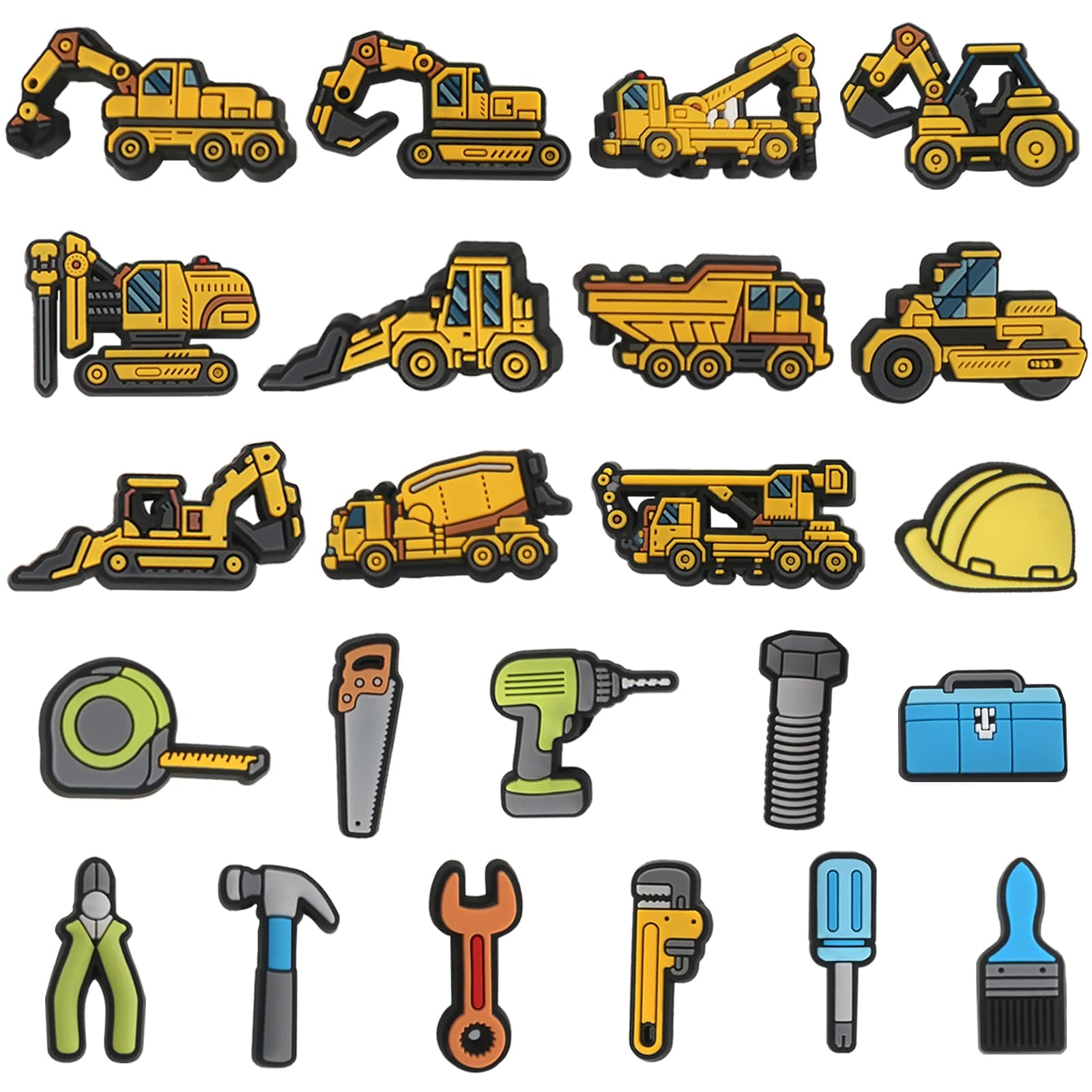 Construction Shoe Decoration Charms, 23 PCS Excavator Bulldozer Truck Helmet Shoe Charm for Shoe Wristband Clog Sandals Decor, PVC Shoe Charm Accessories for Party Favor Holiday Birthday Gifts