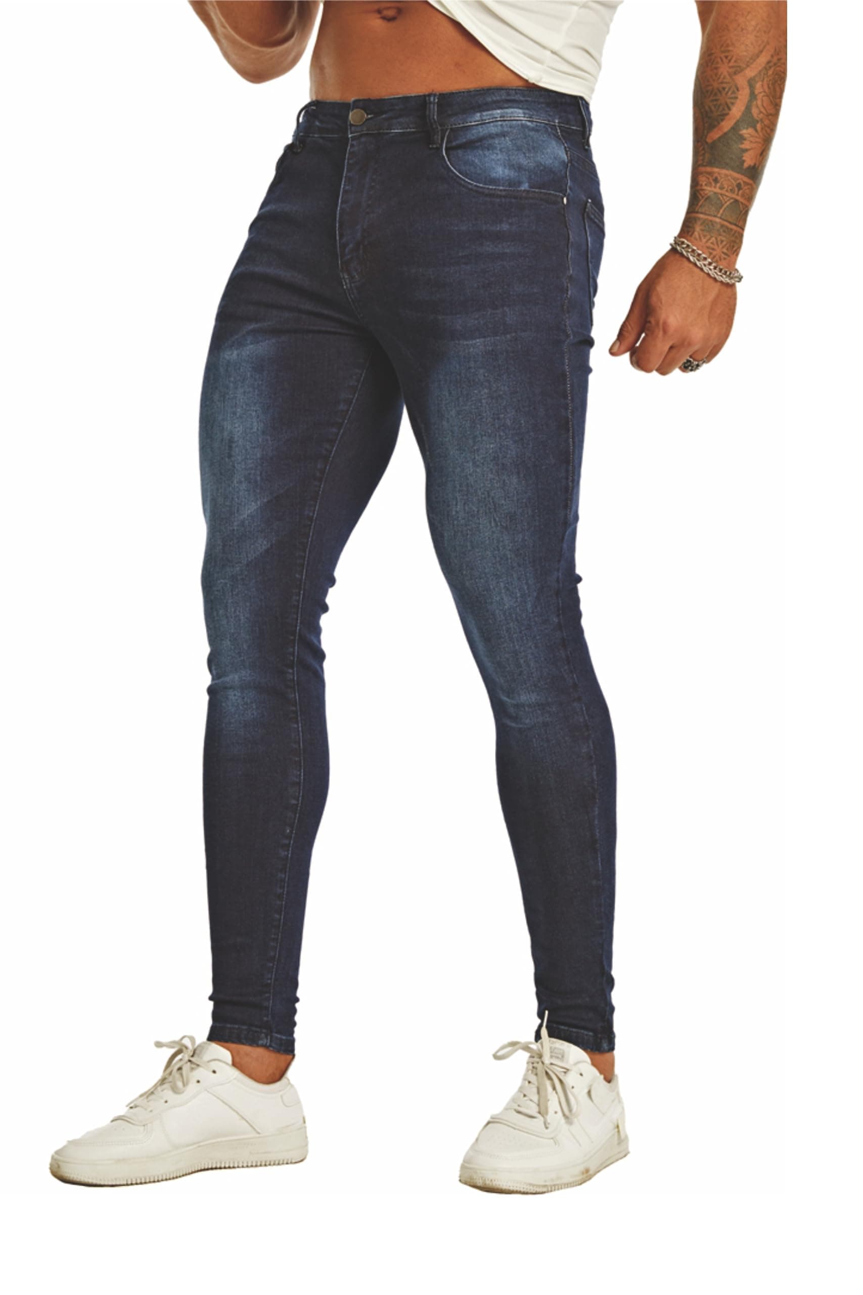 Men's Super Skinny Stretch Tapered Leg Slim Fit Ripped Distressed Jeans…