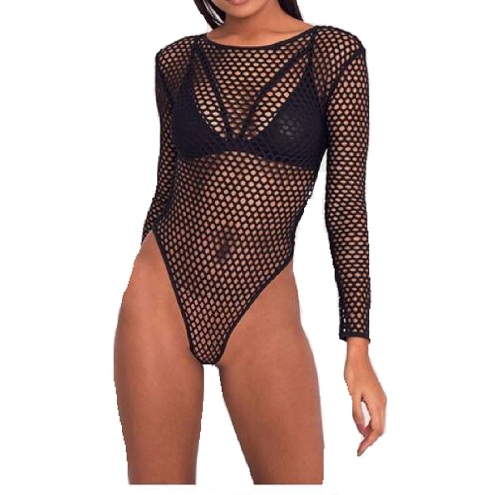 Women's Ladies Fishnet Mesh Long Sleeve Fancy Bodysuit Leotard Top UK Size 8-26
