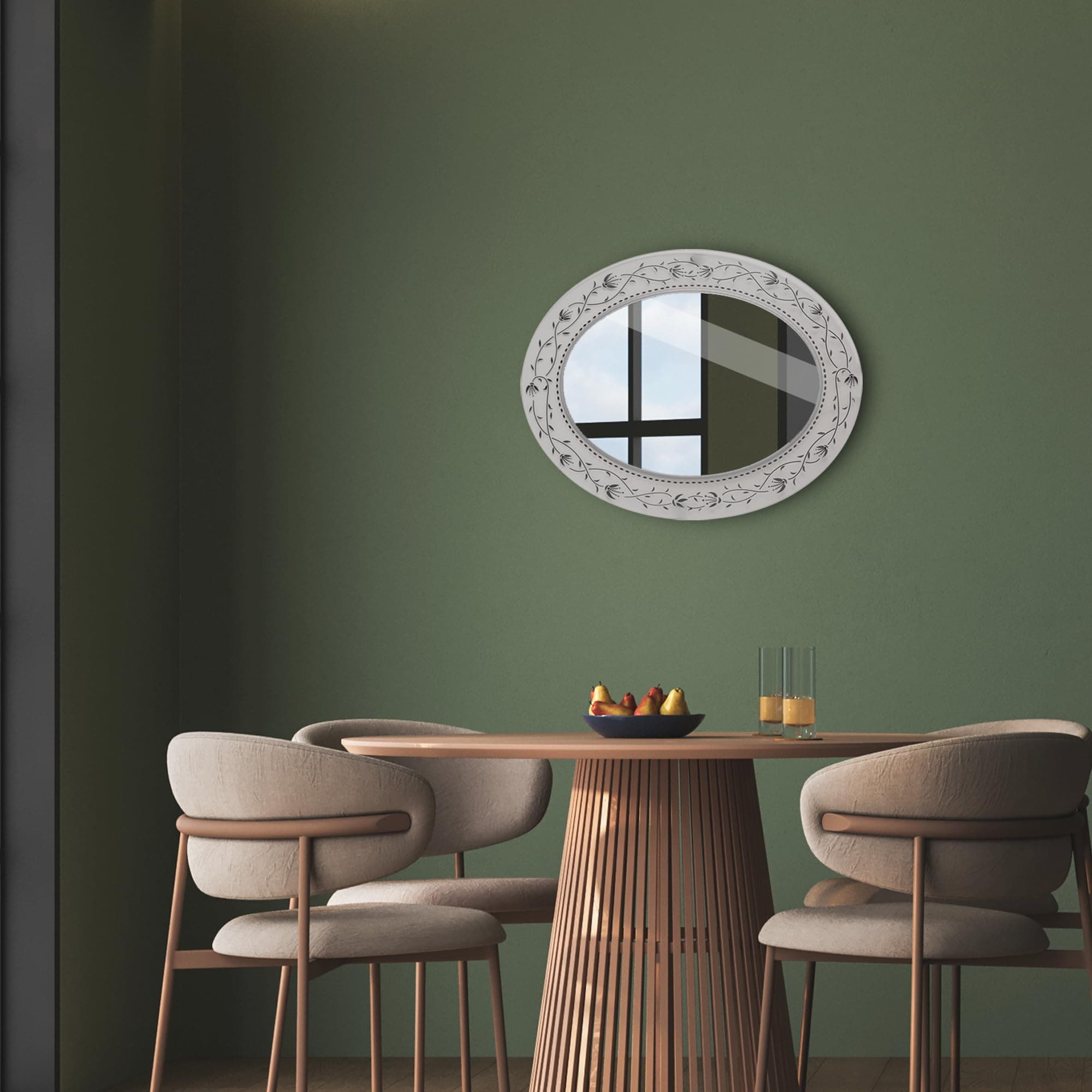 Head West 23"x29" Frosted White Etched Glass Vanity Mirror for Bathroom Wall, Printed Mosaic Accent Oval Vanity Bathroom Mirror for Over Sink, Bedroom, & Living Room