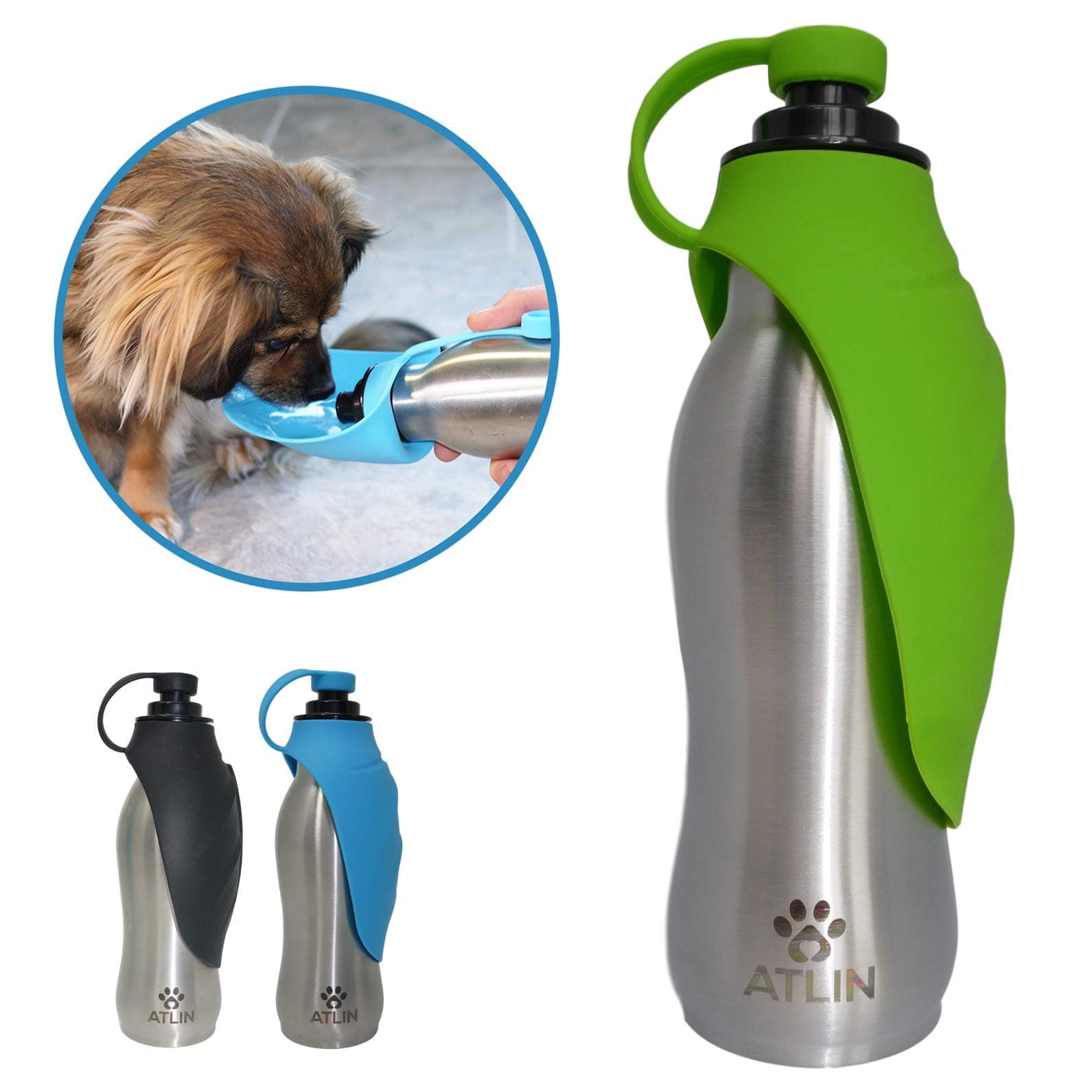 ATLIN Dog Water Bottle - 304 Stainless Steel and Silicone - Leak-Proof Dog Bottle is Great for Walking, Hiking, Running and The Dog Park - 20 oz for Large, Medium or Small Dogs