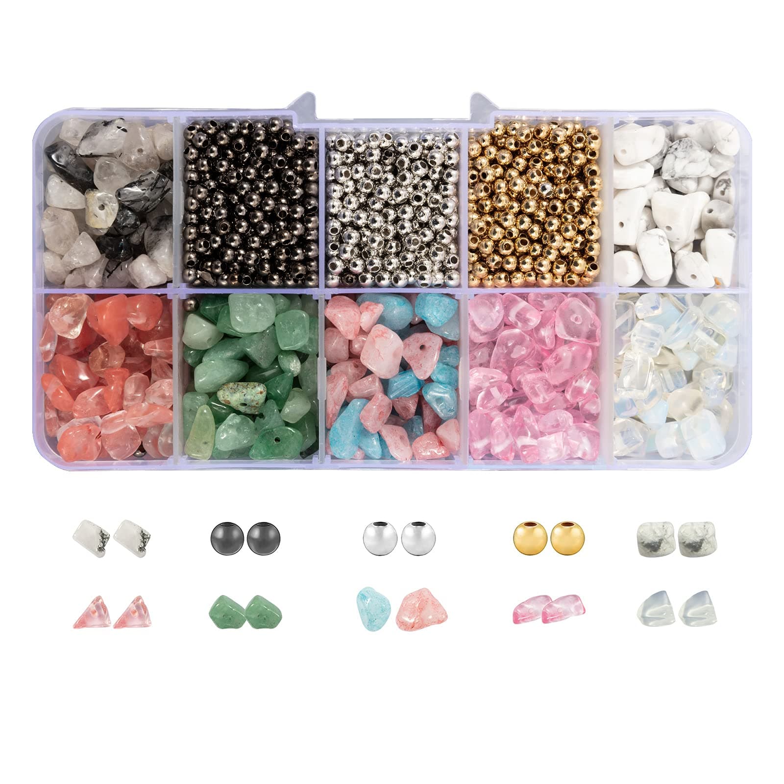 Pink Natural Crystal Rock Beads, MAKERSLAND 7 Colors 700Pcs Healing Gemstones Irregular Stone Bead Box Set with 1500Pcs Spacer Beads for Jewelry Making DIY Crafts (5-8mm)