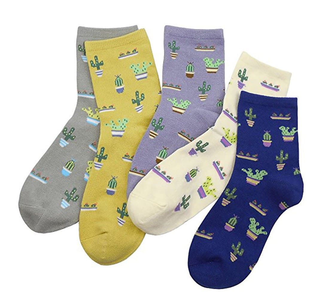 5-pack Women's Cacti Parttern Casual Ankle Socks Knit Cotton Knitting Winter Fall Crew Socks Mix Color