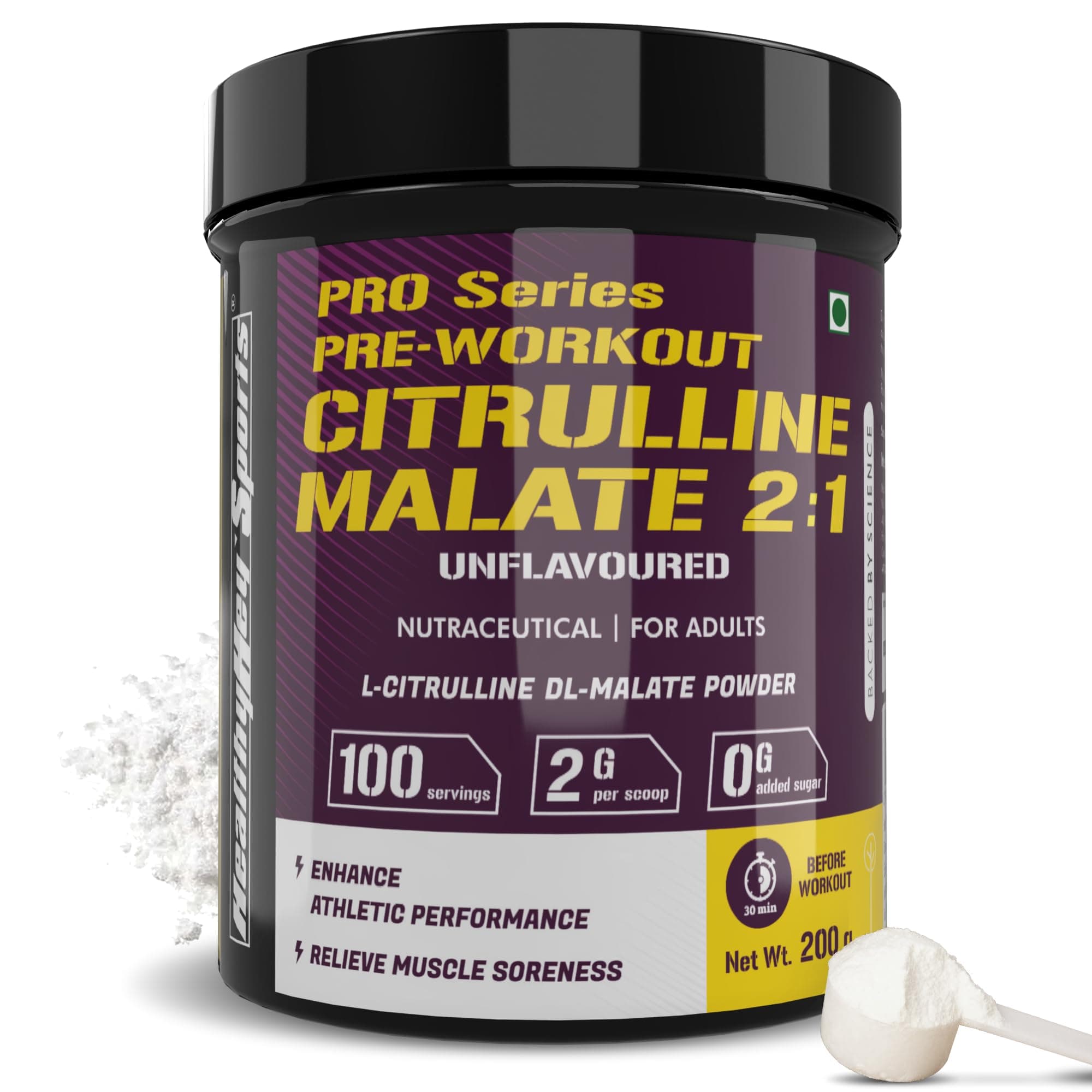 HealthyHey Sports Citrulline Malate 2:1-200 Grams – 100 Servings (Unflavoured, Pack of 200gm powder)