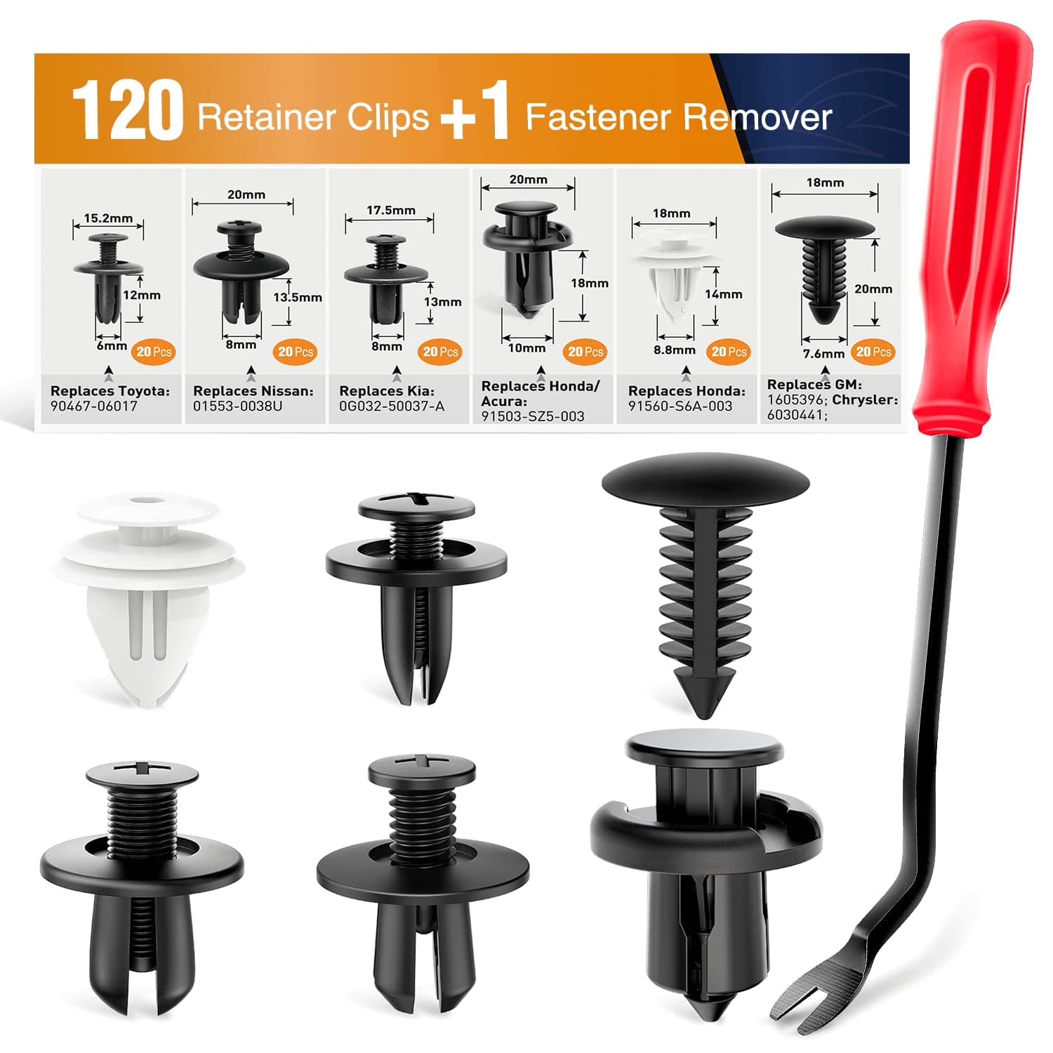 GOOACC120PCS Car Bumper Retainer Clips & Nylon Fasteners Rivet Kit 6mm 7.6mm 8mm 8.8mm 10mm Door Trim Panel Clips Bumper Push Rivet Clips, 1PC Fastener Remover, Black