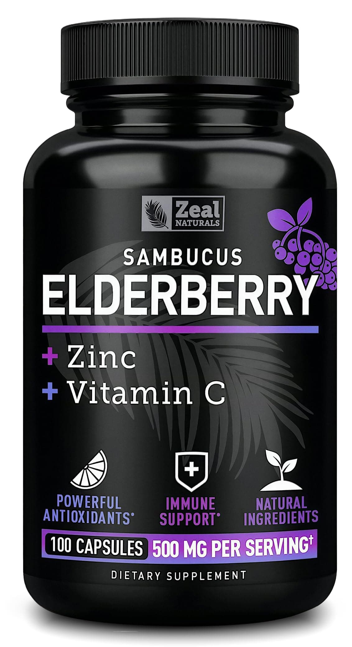 Max Strength Elderberry Capsules + Zinc + Vitamin C | 500mg for Immune System Support with Black Sambucus Elderberry | 100 Count | 3-in-1 Immune Support for Adults