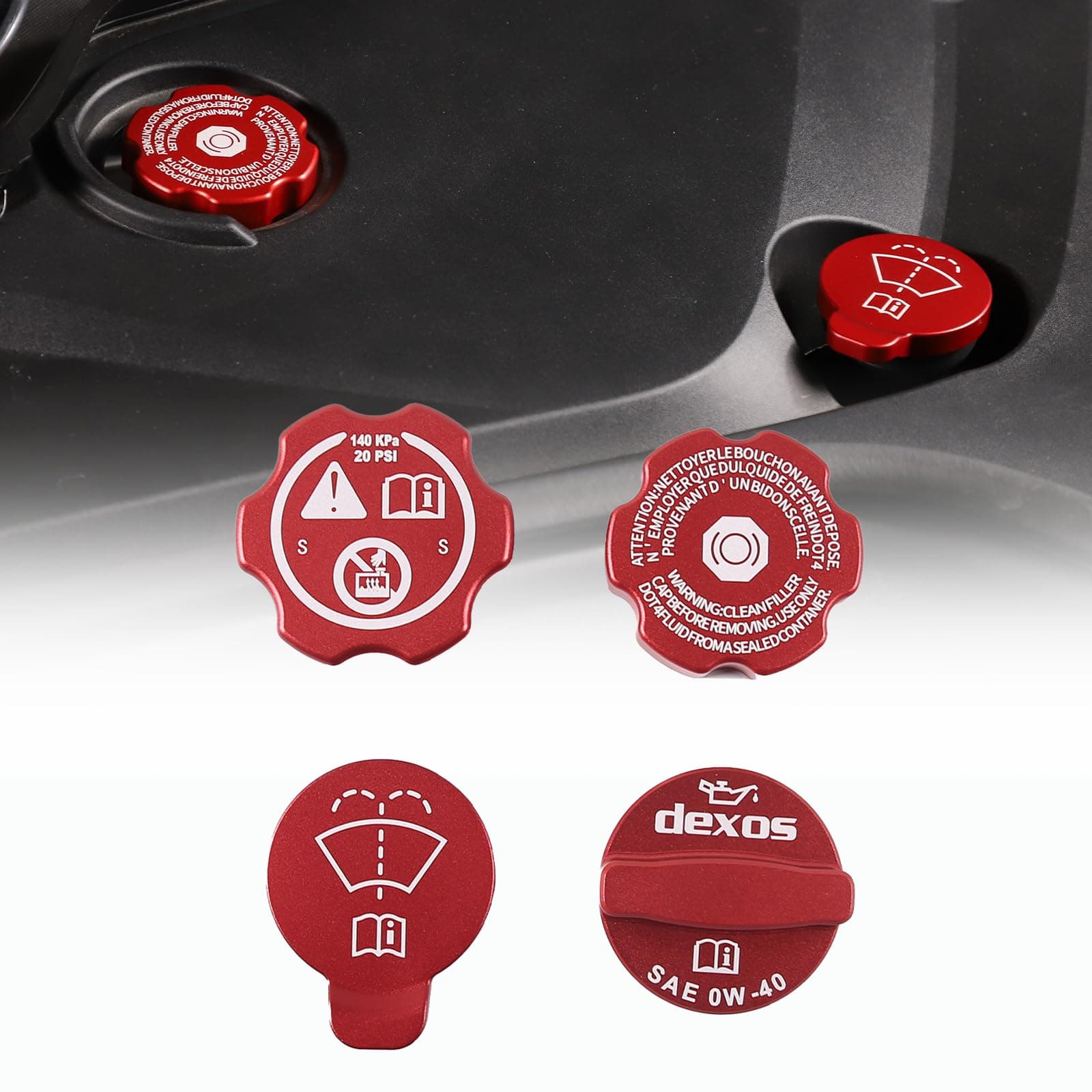 CHEAYAR Aluminium Alloy Engine Oil Cap Radiator Cap Washer Cap Brake Fluid Cap Cover Trim Compatible with Chevrolet Corvette C8 2020-2023, Engine Cap Cover Set C8 Accessories 4PCS (Aluminum - Red)