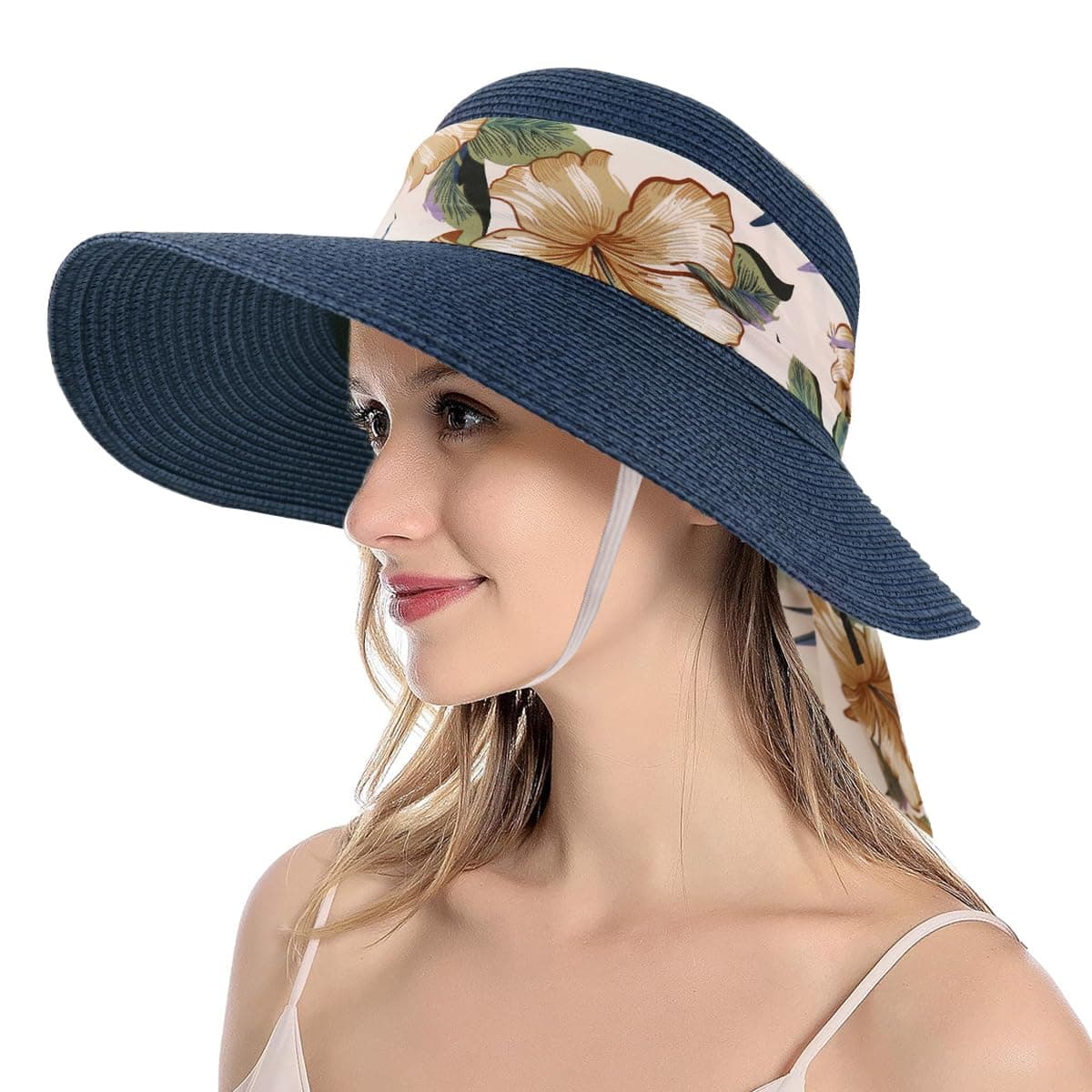 PALAY® Straw Hat Sun Hats for Women, Wide Brim Beach Hat for Women Summer with Printed Ribbon, Fashion UV Protection Visor Cap, Packable Travel Hat for Ladies Gift