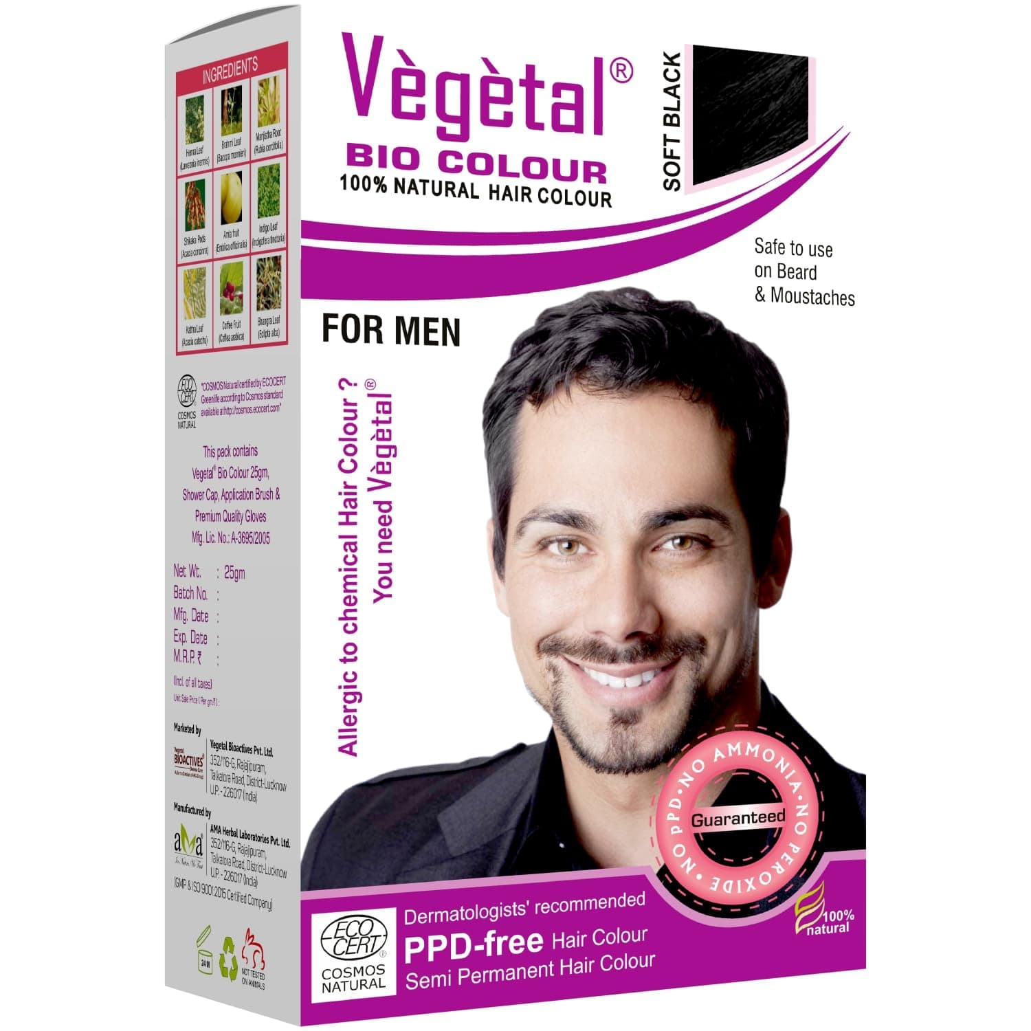 Vegetal Bio Colour - Experience Natural Black Beard Hair Color for Men Ammonia-Free, PPD-Free, 100% Organic, and Herbal Safe and Effective Beard Dye Complete Kit Included 25g Each
