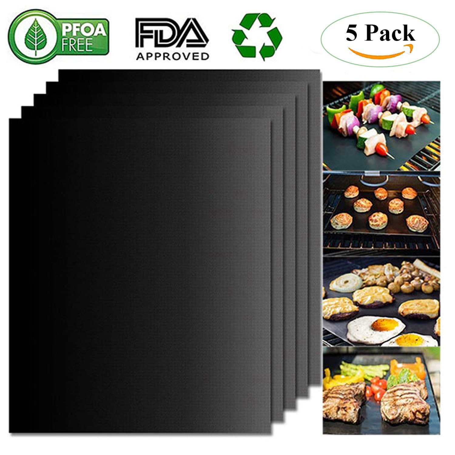 Cooshade BBQ Grill Mats 100% Non Stick Set of 5 Barbecue Mats, PFOA Free, Heat Resistant Reusable Durable Baking Mats for Oven Gas Charcoal Electric Grill