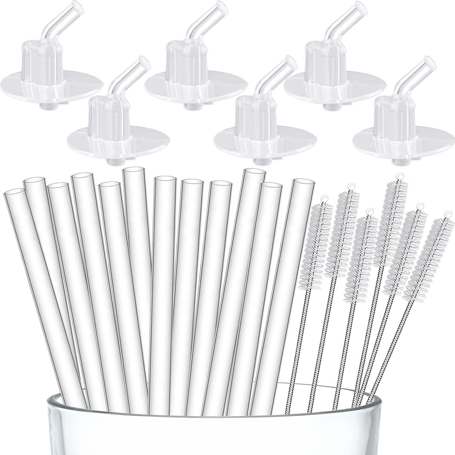 12-pack Replacement Straws for Thermos Funtainer 12 Ounce Bottle,Silicone Straws Stem Set with Cleaner Brushes for Thermos Kids (12 Straws+6 pop-up Straw Stems+6 Cleaner Brushes)