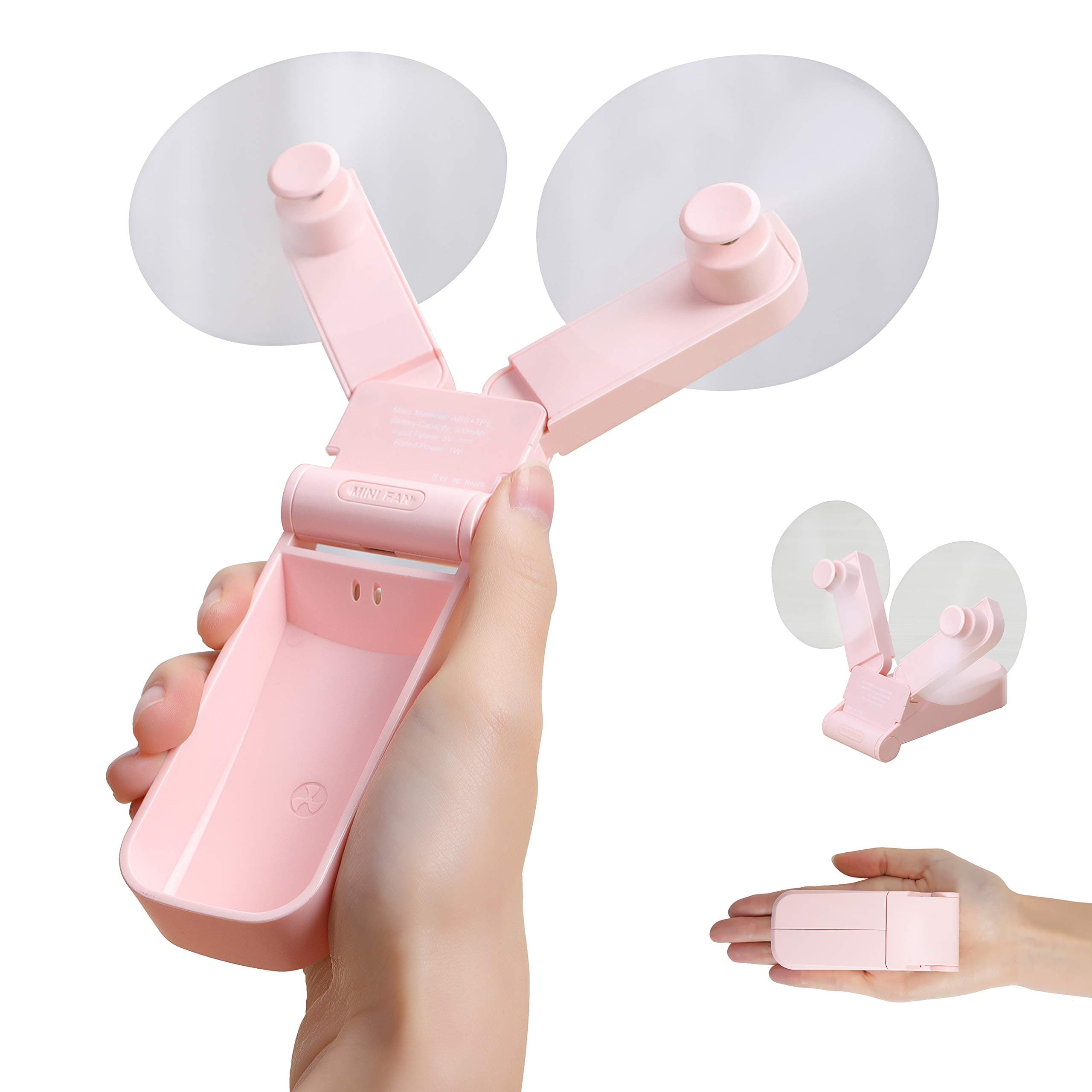 Skoloo Mini Handheld Fan, 2 Pack Double-Head Electric Quiet Personal Battery Operated Fan, Mini Fan USB Rechargeable Fan, Folding Hand Fans Portable Fan for School & Office, 2 Modes(Rose Gold)