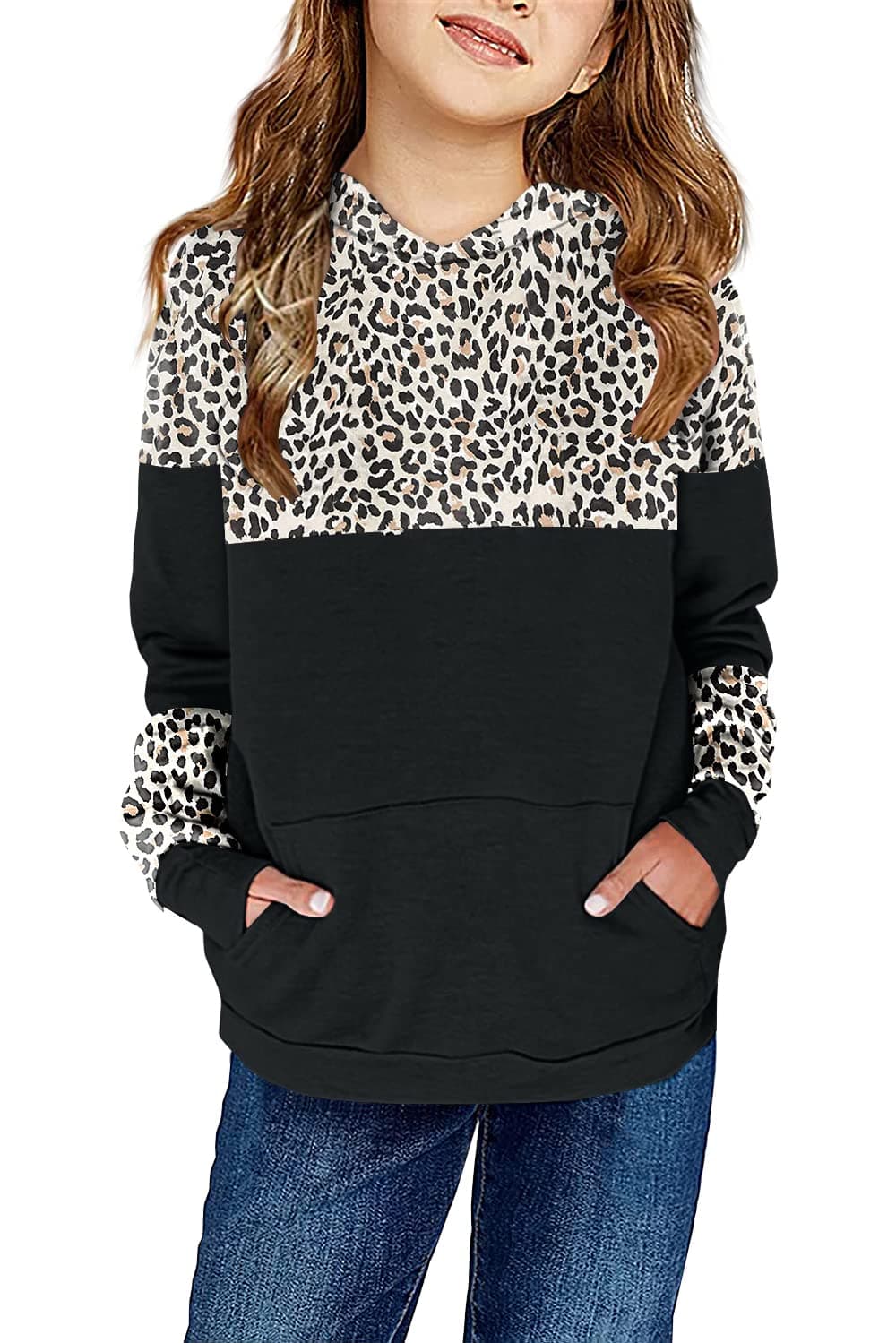 Kids Girls Pullover Hoodies Cute Leopard Printed Hooded Sweatshirts with Pockets 4-15 Years