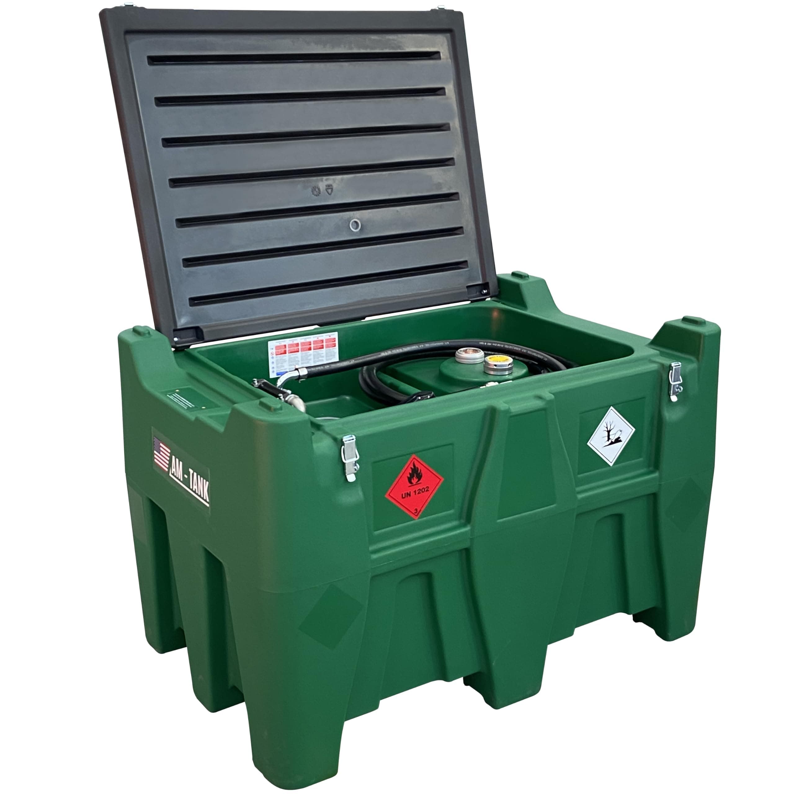 Portable Fuel Tank AM-TANK 116 gal for DIESEL with 12V battery pump, 13ft hose, automatic nozzle