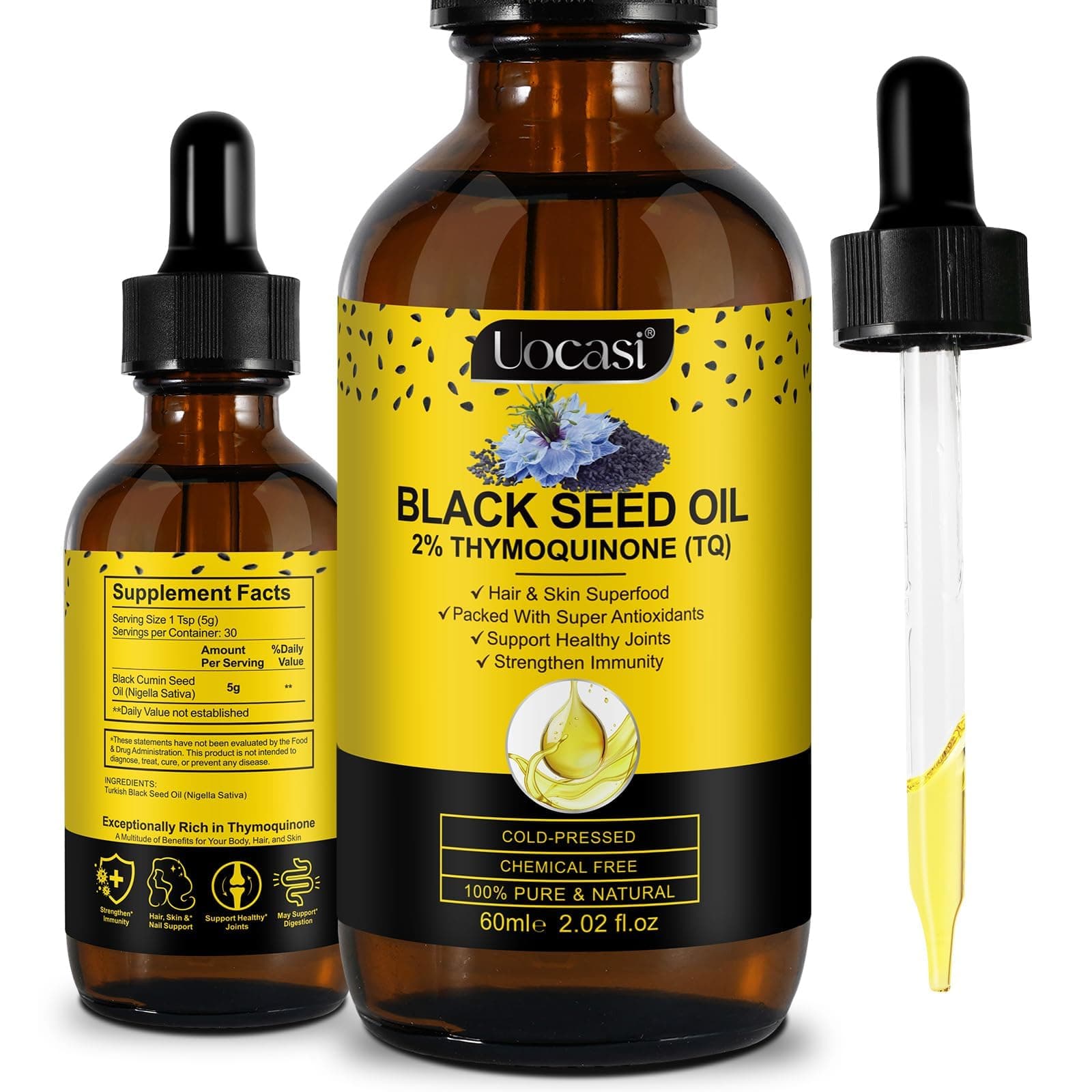 Uocasi Black Seed Oil, Cold Pressed, 100% Pure & Natural, Hair Growth & Skin Care, 2.02 Fl Oz