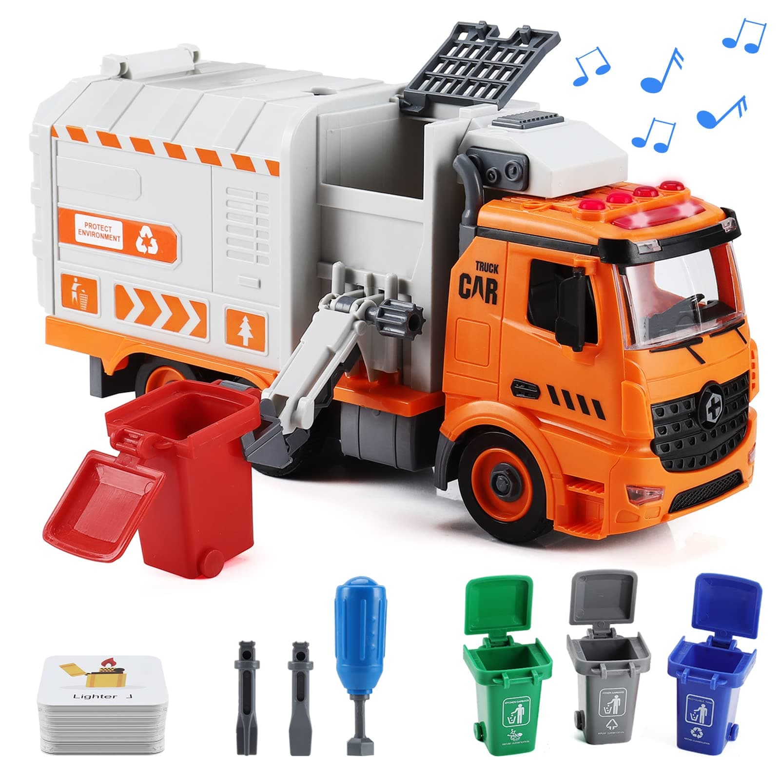 Garbage Truck Toys, DIY Realistic Recycling Trash Truck Toy with Light and Sound, 4 Trash Cans, Gifts for 3 4 5 6 7 8 Year Old Boys Girls Toddlers