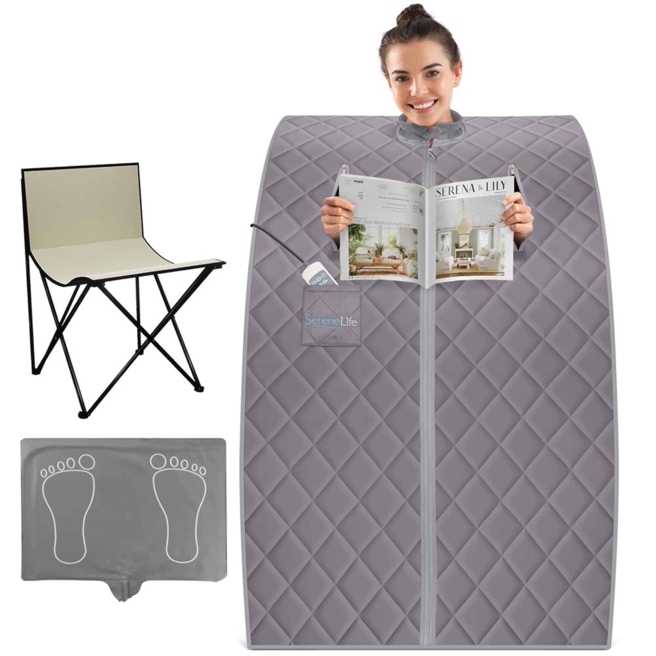 SereneLife Infrared Sauna Tent - Mini Steam Sauna for Home, Grey Mobile Sauna Tent with Chair & Doormat | Portable Home Sauna for Relaxation & Infrared Heat Therapy