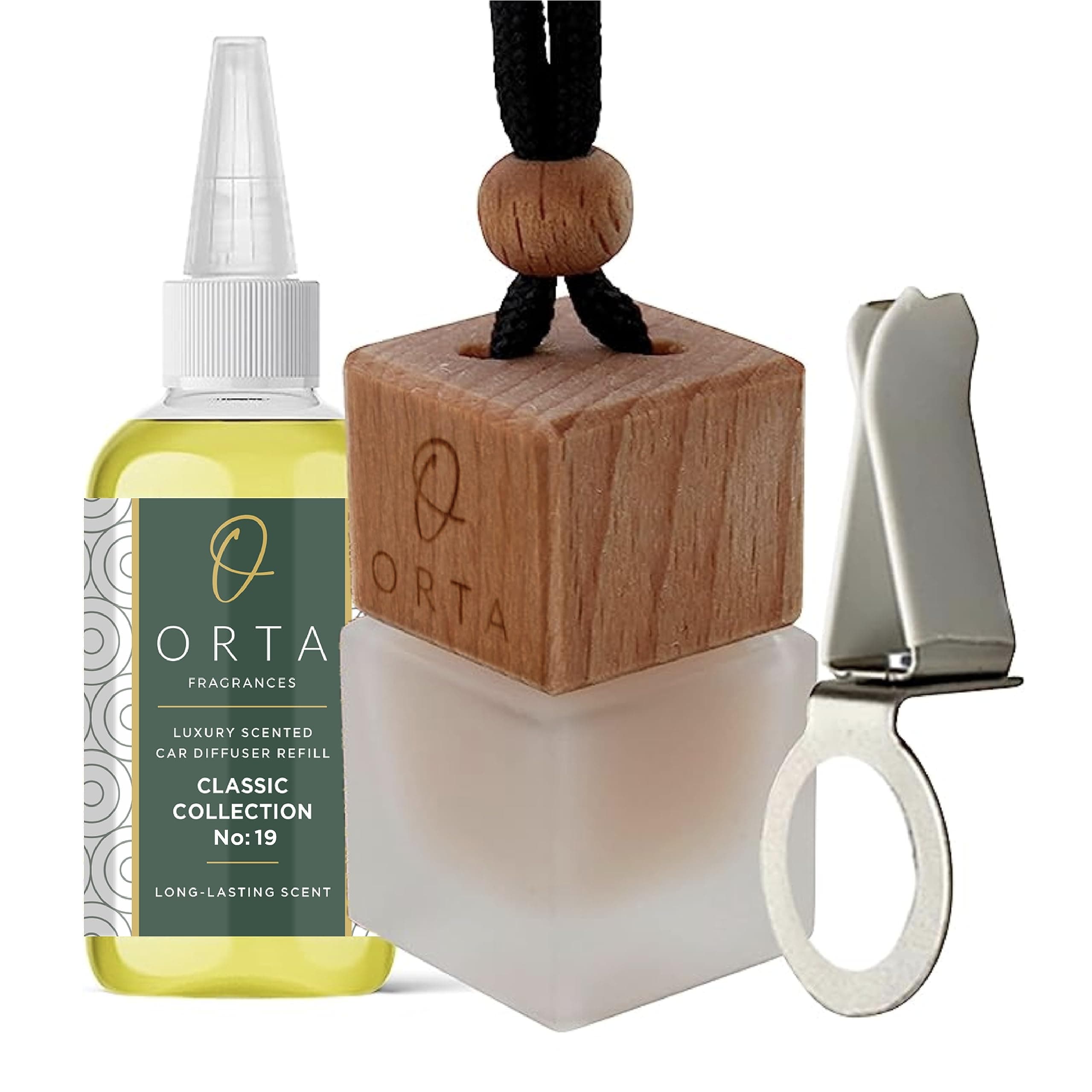 Orta Fragrances No19 Tom Forde Oude Woode Inspired Car Air Freshener Set | Vent Clip and Refill Included | Long Lasting Car Diffuser Scents for Men and Women | Odor Eliminator Car Accessories | 8ml