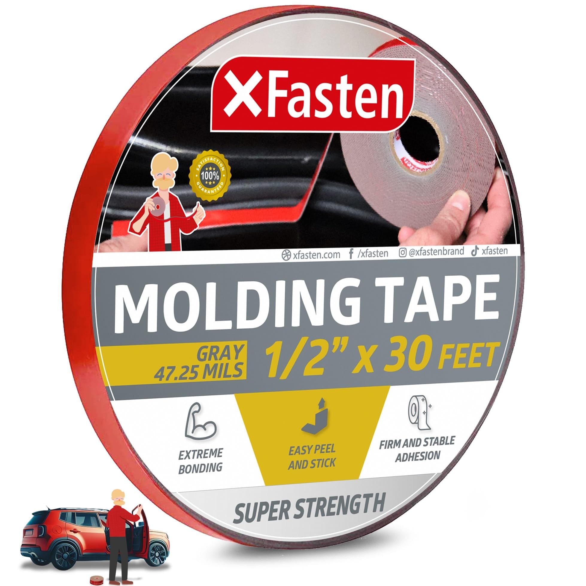 – XFasten Super Strength Automotive Molding Tape, Gray, 1/2-Inch x 30-Foot, Double Sided Exterior Mounting Tape for Auto Body Molding, Trim, Side Mirror, Emblem, Nameplate and Outdoor Applications