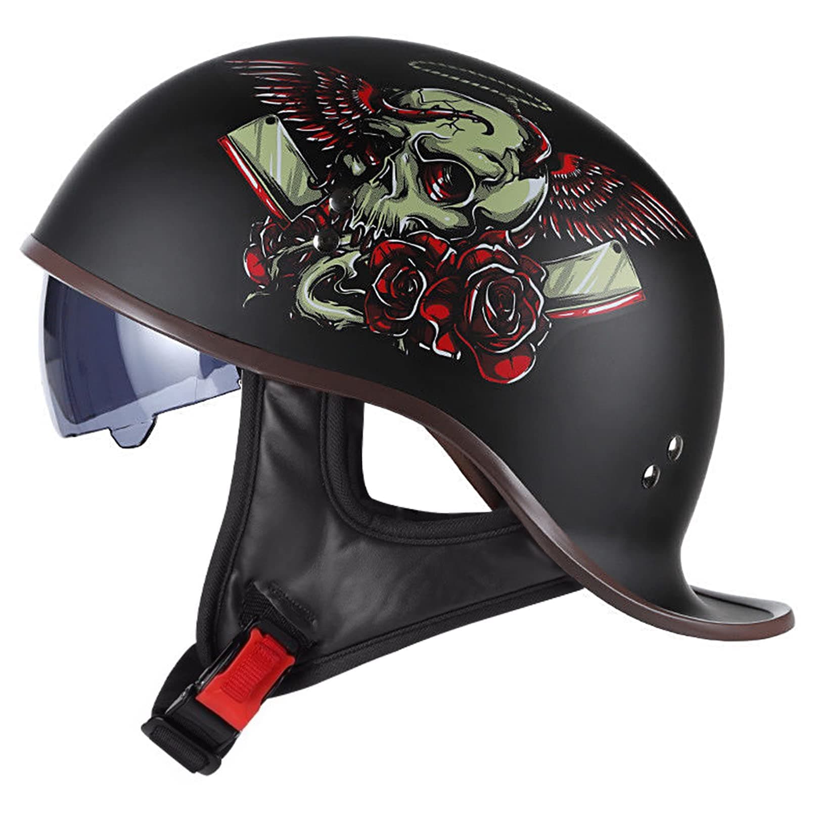 Motorcycle Retro Half Helmet DOT Approved Adult Men Women Vintage German Style Half Face Skull Cap Helmets for Scooter Moped Cruiser Chopper ATV Motorbike Baseball Cap with Visor Goggles