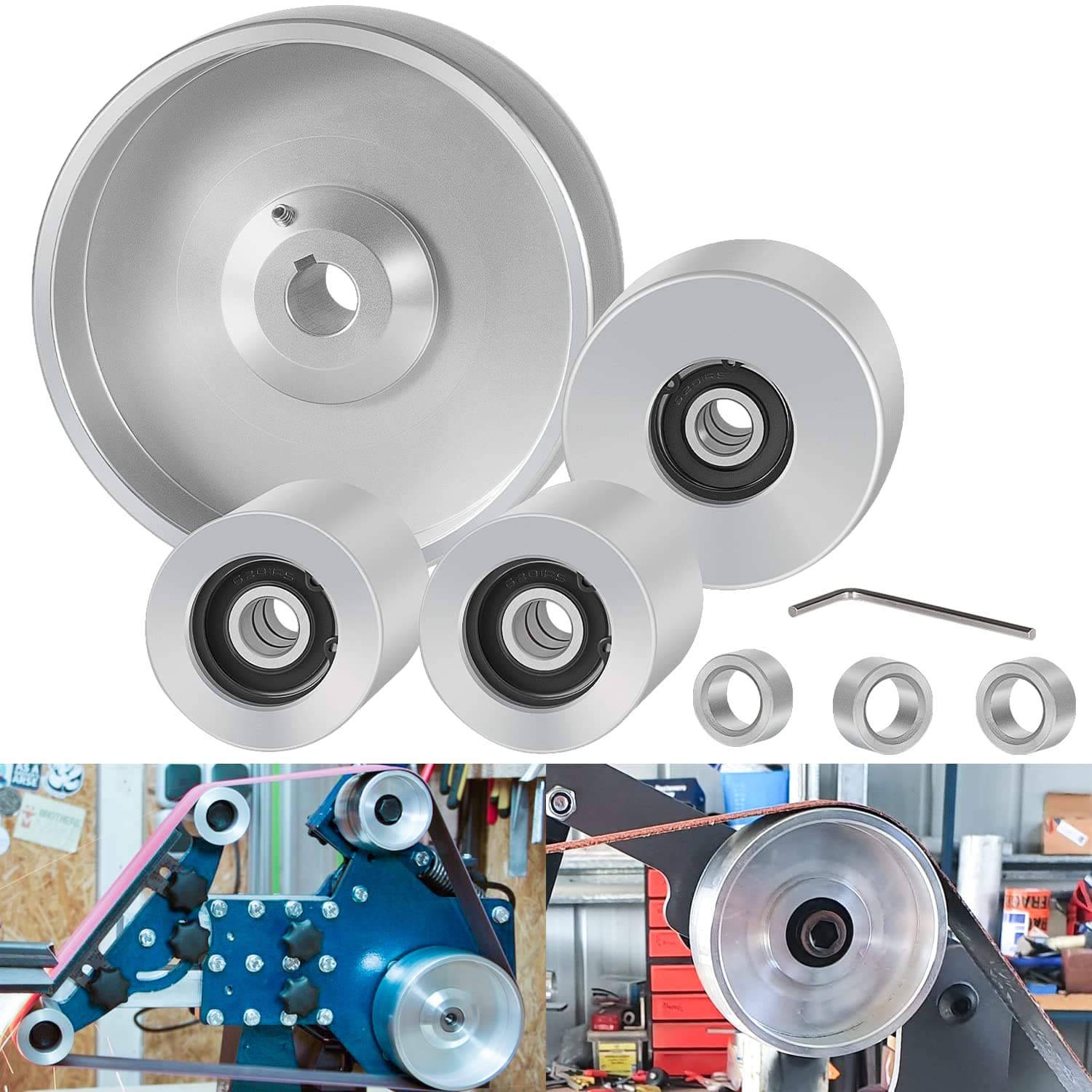2" x 72" Belt Grinder Wheel Set Complete Wheel Kit Aluminum Wheel Crowned for Knife Grinder 5" Drive 5/8" Bore 3" Track 2" Idler (5" 5/8-3" - 2")