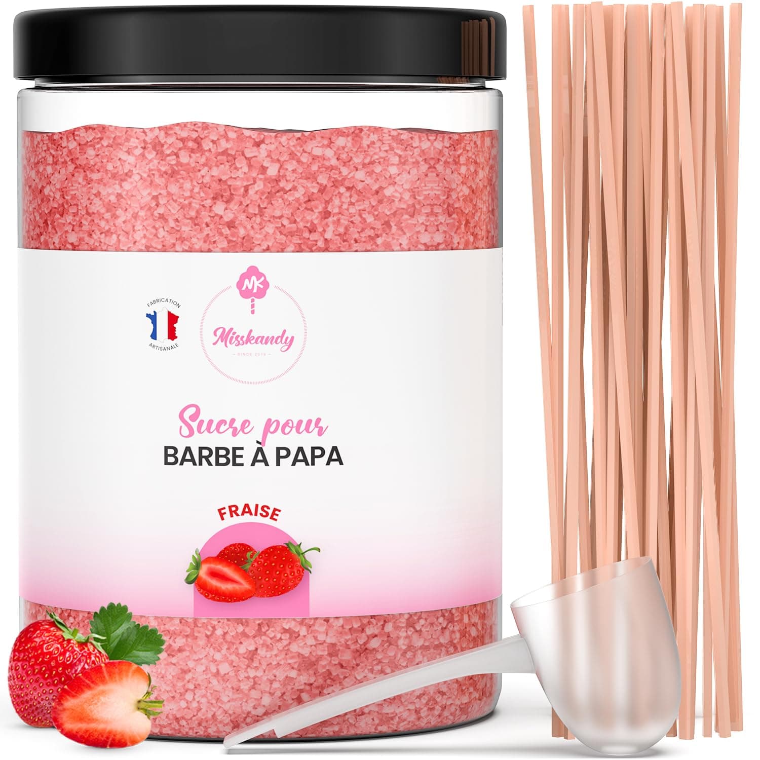 Misskandy®-Candy Floss Sugar 1,4KG /strawberry/(Natural Flavours and Colours) / Professional Flossing Sugar for Cotton Candy Machine strawberry+ 50 sticks