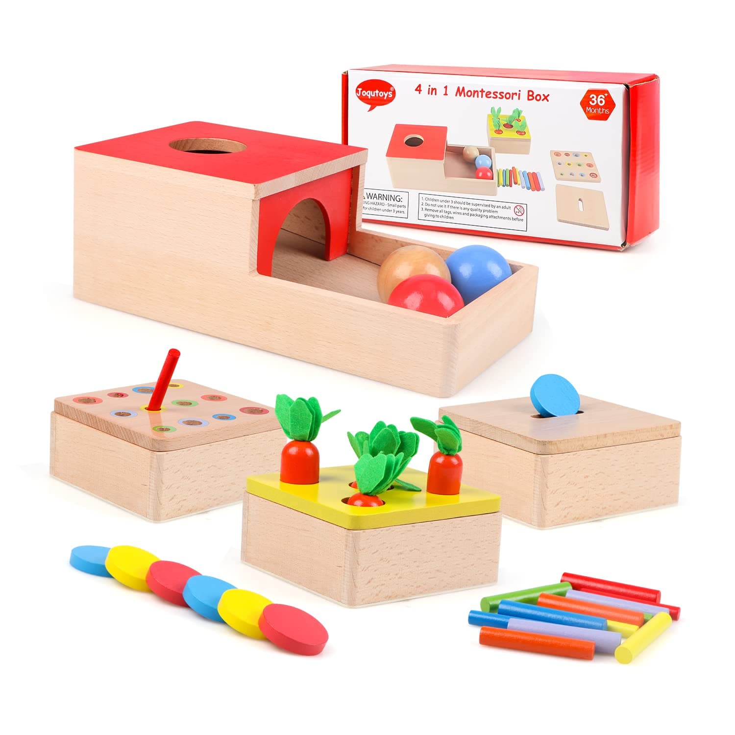 Joqutoys 4 in 1 Wooden Play Kit Montessori Toys, Includes Object Permanence Box, Carrot Harvest Game, Montessori Coin Box, Matchstick Color Drop Game –Wooden LearningToys for 1 2 3 Year Old Boy Girl