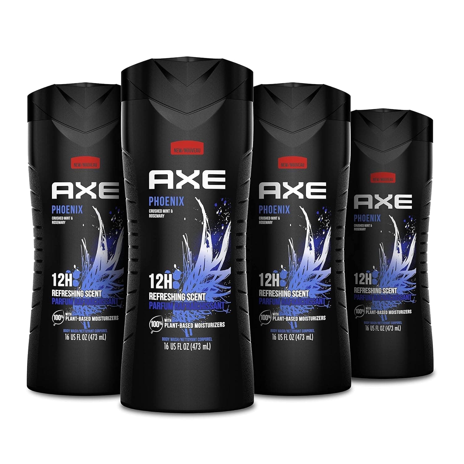 AXE Body Wash 12h Refreshing Scent Phoenix Crushed Mint & Rosemary Men's Body Wash with 100% Plant-Based Moisturizers, 16 Fl Oz (Pack of 4)