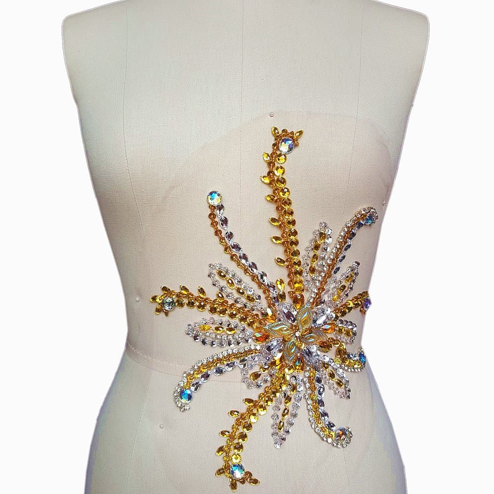 Pure Handmade Unique Patches Sew-on Rhinestone Applique Designs with Stones Sequins Beads DIY for Wedding Dress Bridal Sash 24x30cm (red) (Yellow)