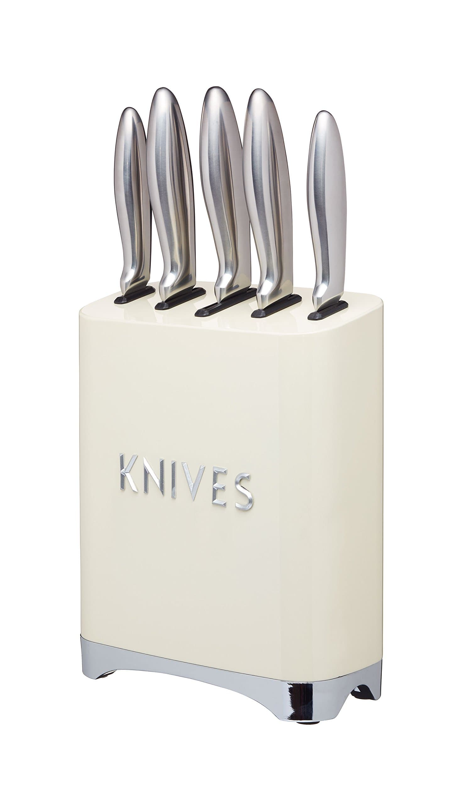 KitchenCraft Lovello Retro 5-Piece Stainless Steel Knife Set and Knife Block – Vanilla Cream, 19 x 1 x 24.5 cm