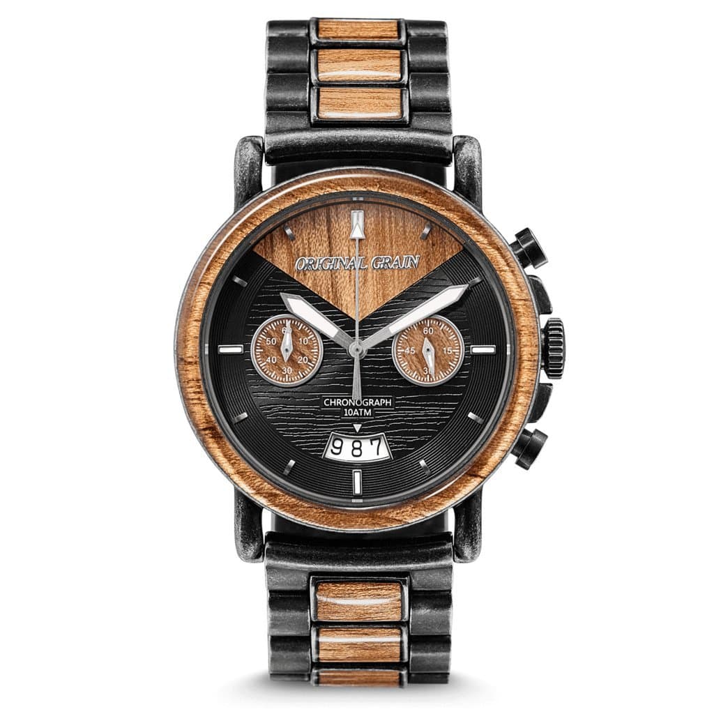 NEW Original Grain Wood Wrist Watch | Alterra Collection 44MM Chronograph Watch | Wood And Stonewashed Stainless Steel Watch Band | Japanese Quartz Movement | Koa Wood