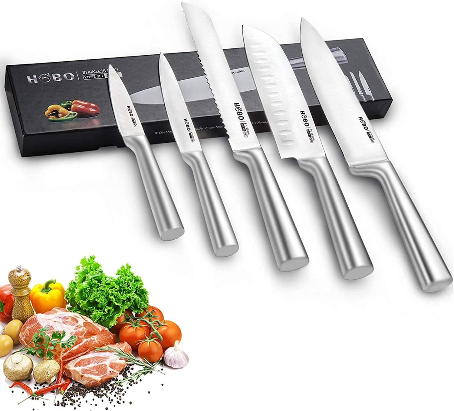 HOBO Knife Set, Professional 5-Piece Stainless Steel Kitchen Knife Set, Non-Slip Frosted Handle, Serrated and Standard Sharp Chef Knife, Bread Knife for Mincing, Chopping, Slicing.