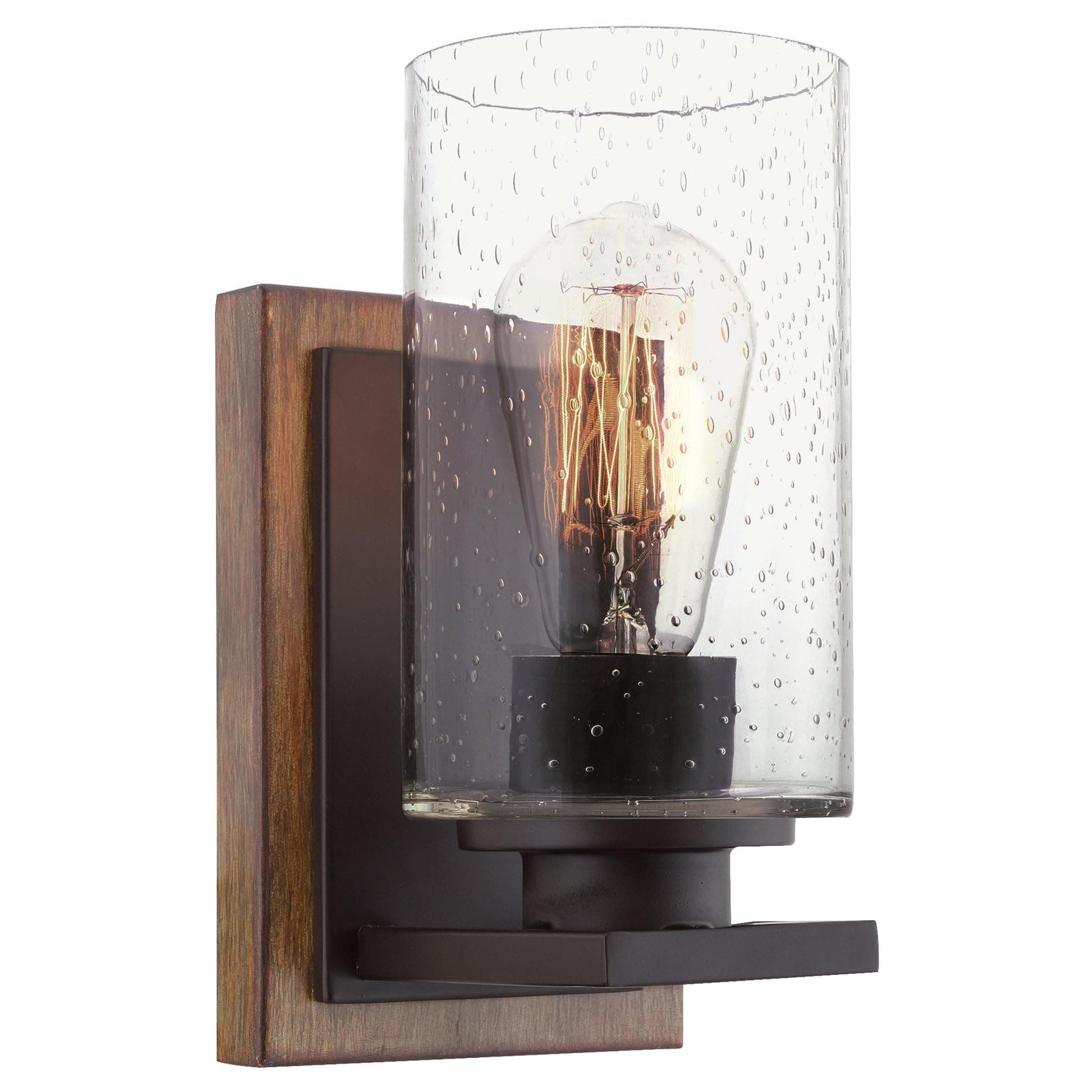 Kira Home Sedona 9" Modern Rustic Wall Sconce + Seeded Glass Cylinder Shade, Oil Rubbed Bronze + Wood Style Walnut Finish