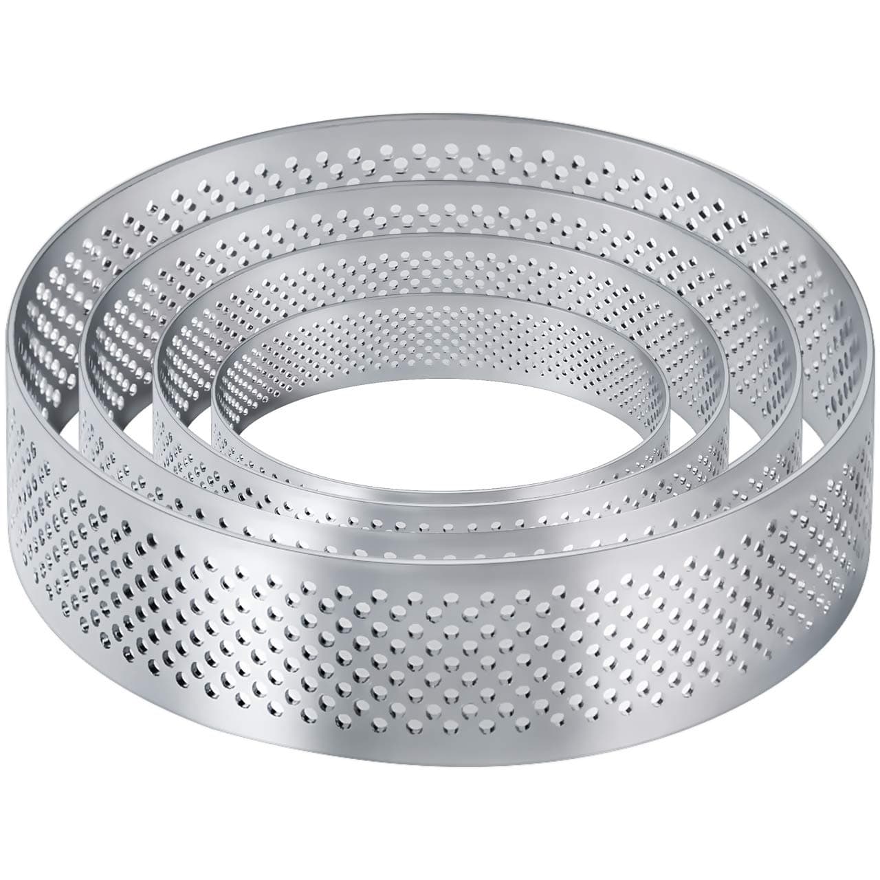 AICHEF Circular Stainless Steel Porous Tart Ring Bottom Tower Pie Cake Mould Baking Tools.French Baking Household Pressure Tower Belt Hole Breathable Tart Ring.(5-10cm Round Multi-size Tart Ring Suit)