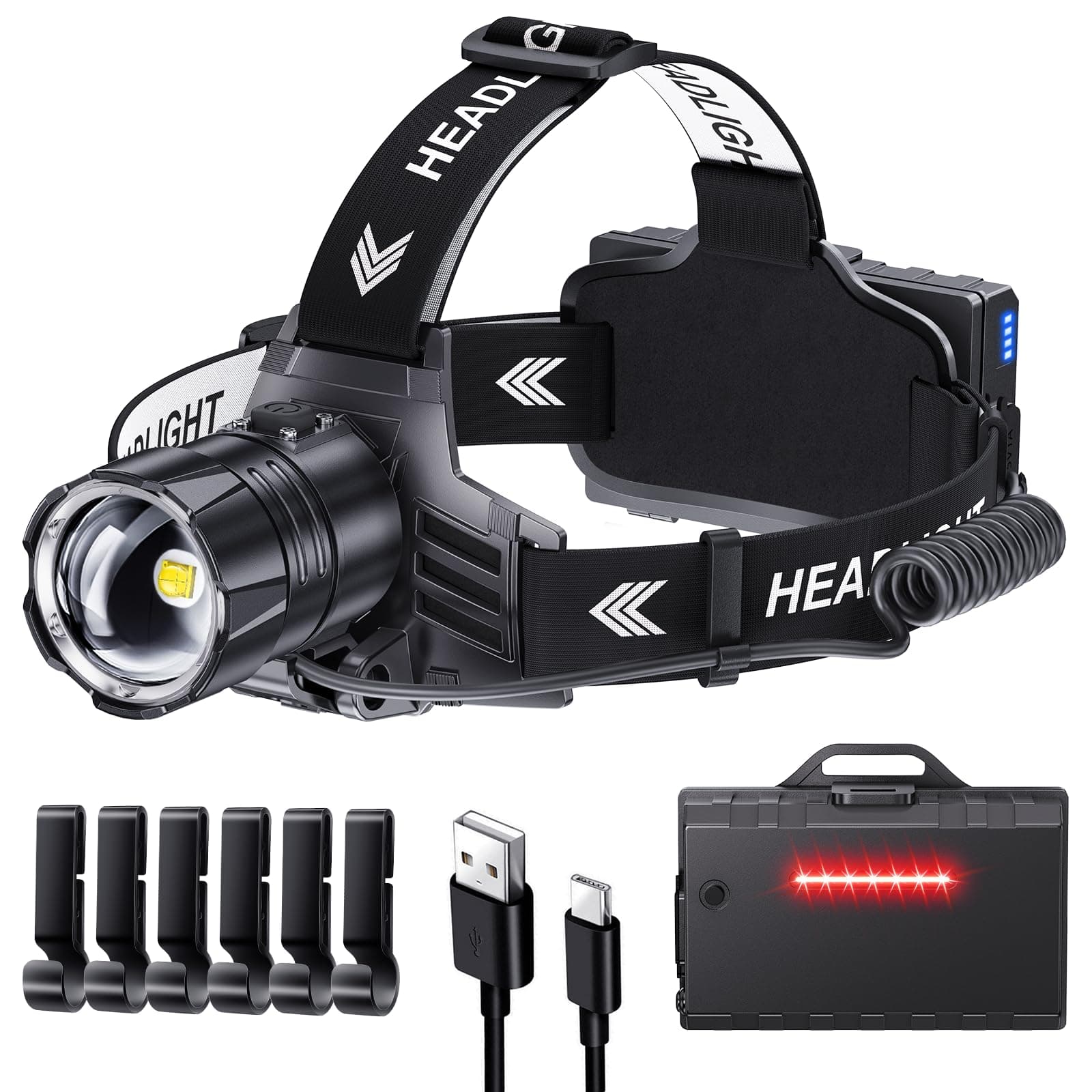Sinvimes 99000 High Lux LED Rechargeable Headlamp, 95H Long Battery Life Head Lamp with 5 Modes & IPX7 Waterproof & Zoomable, 120° Adjustable Head Light for Adults, Outdoor, Camping, Hardhat