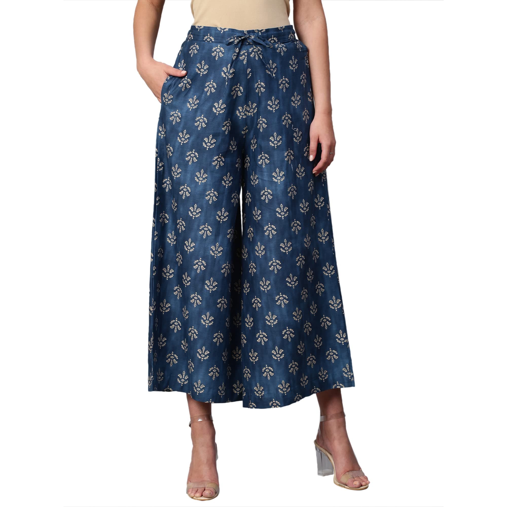 Women's Cotton Printed Loose Fit Flared Wide Leg Palazzo Pants